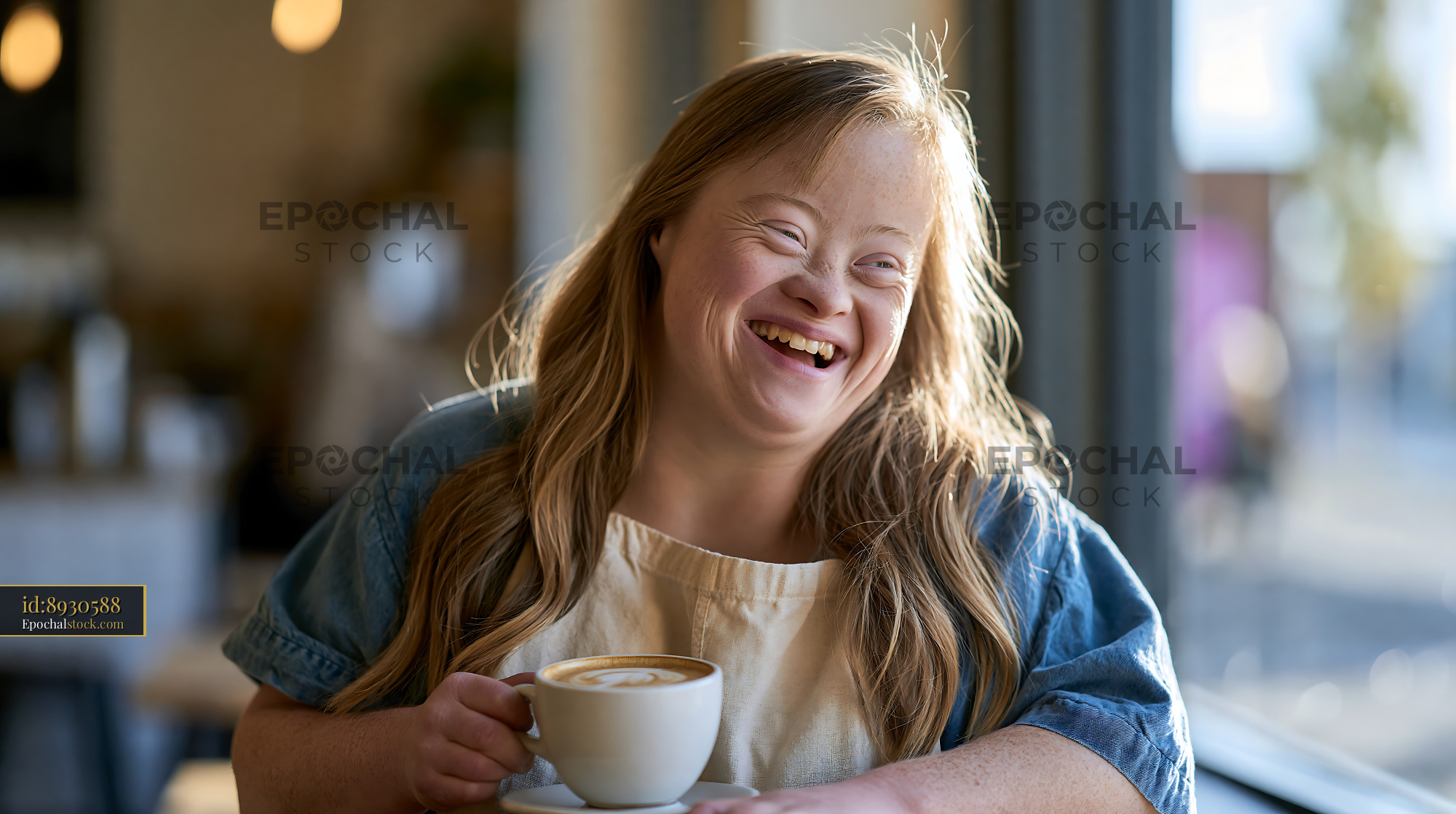Watermarked full-resolution preview of Person holding a coffee cup while smiling indoors in a cafe