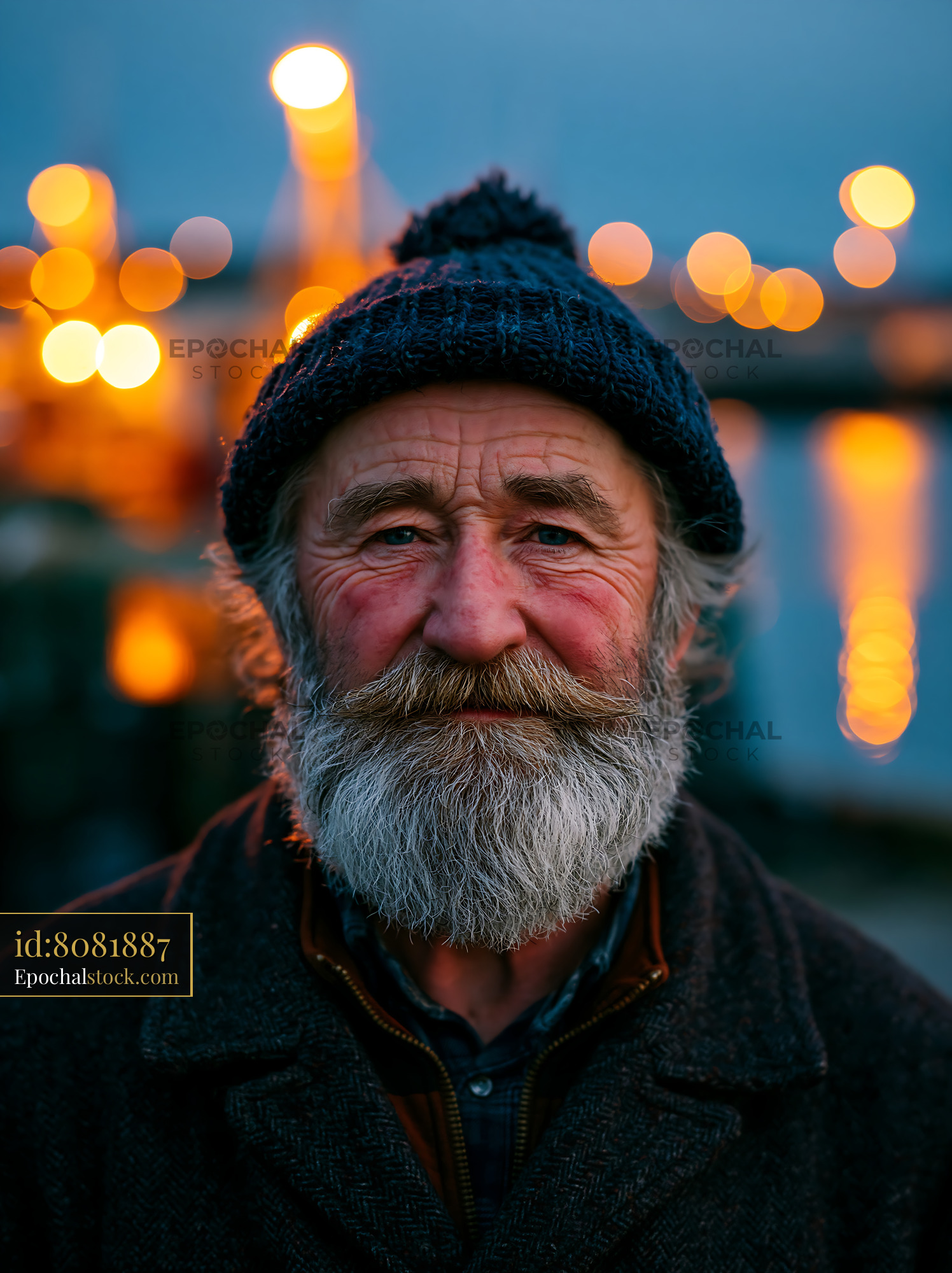 Man With Gray Beard Wearing a Hat Poses Against a Blurred Background - stock photo
