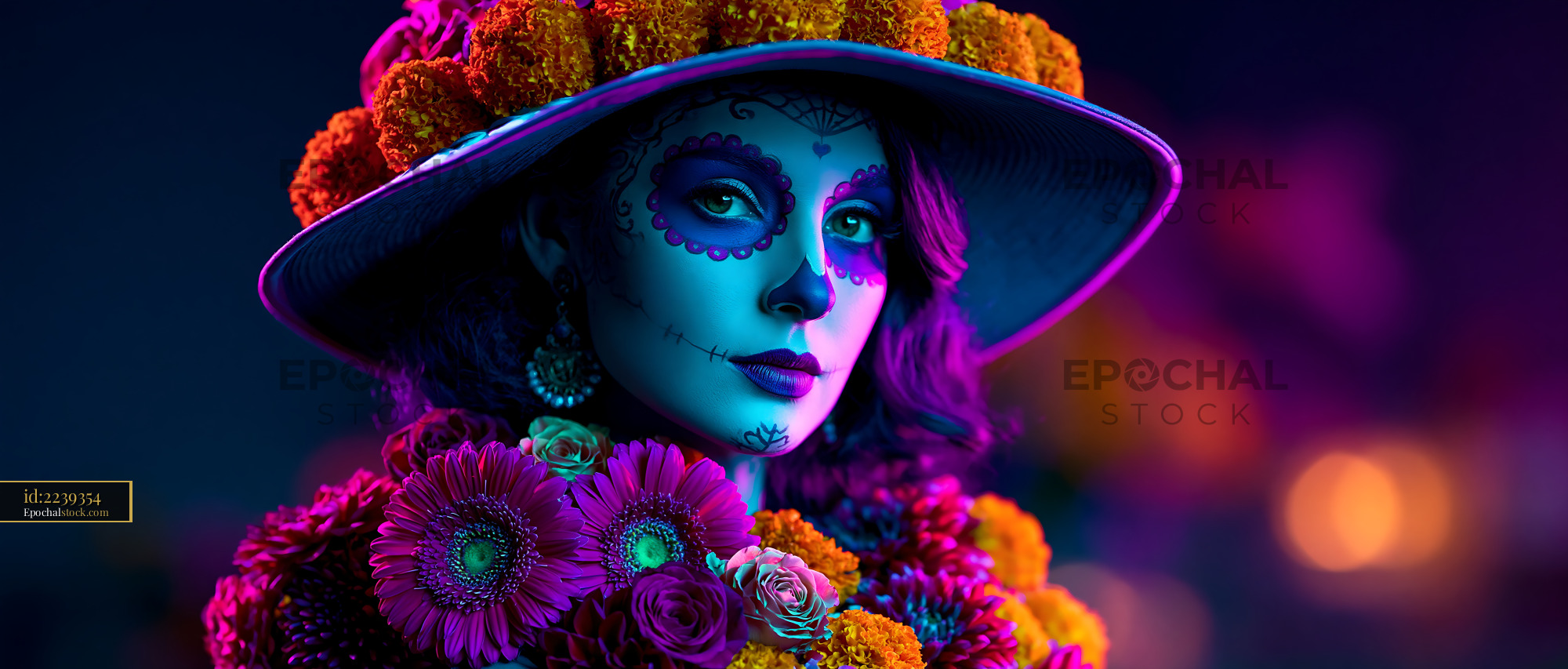Watermarked full-resolution preview of Woman in colorful costume with face paint and floral headpiece