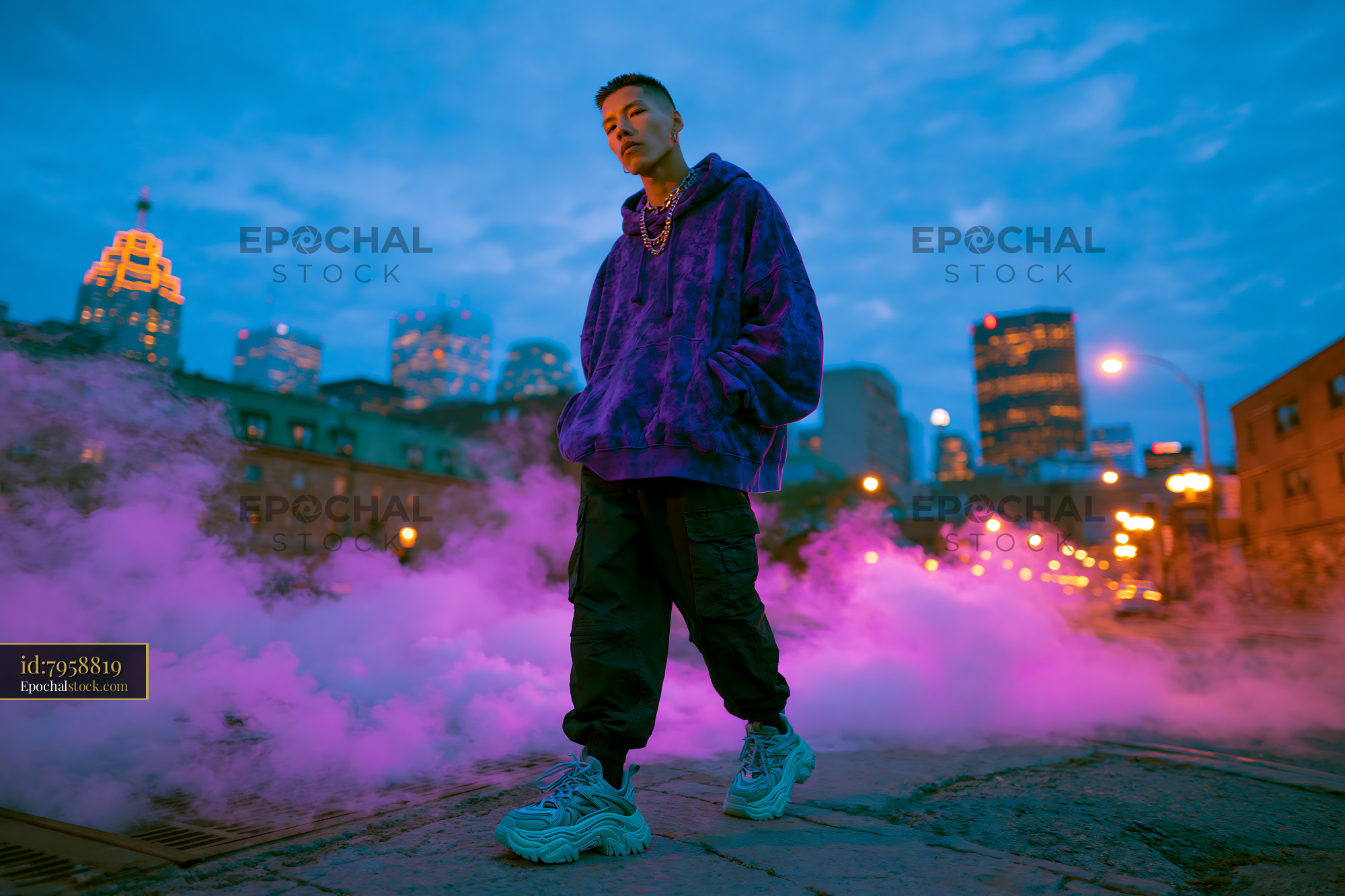 Watermarked full-resolution preview of Man stands in city street surrounded by smoke at dusk