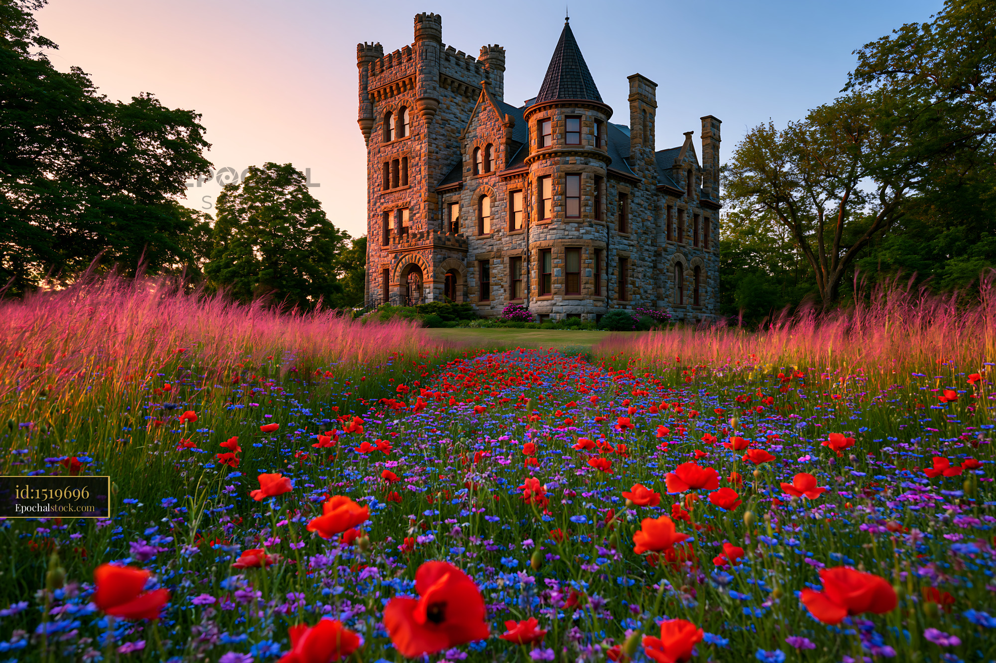 Victorian Castle Surrounded by a Colorful Flower Field at Sunset - stock photo