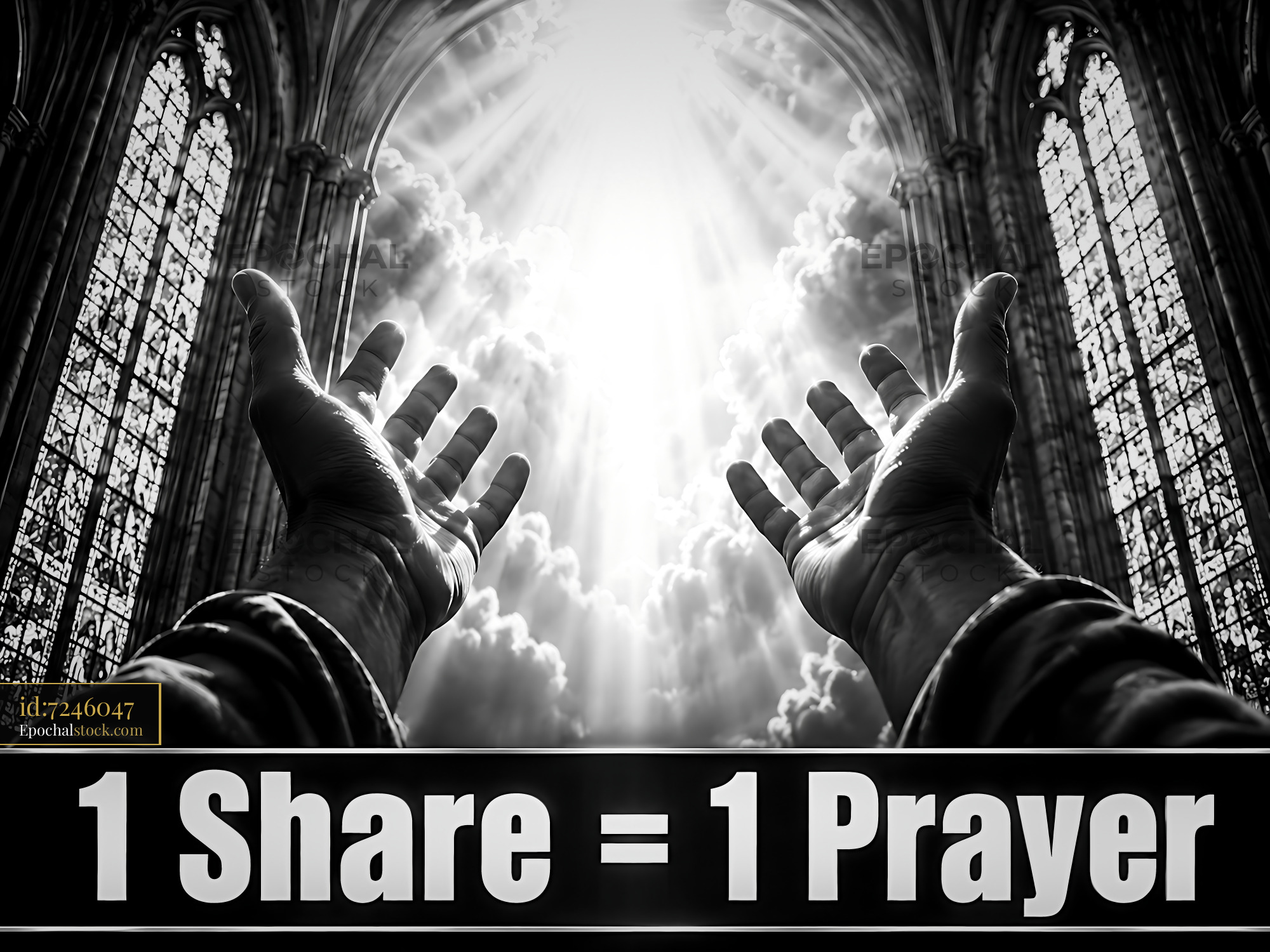 Watermarked full-resolution preview of Hands raised toward light in a cathedral