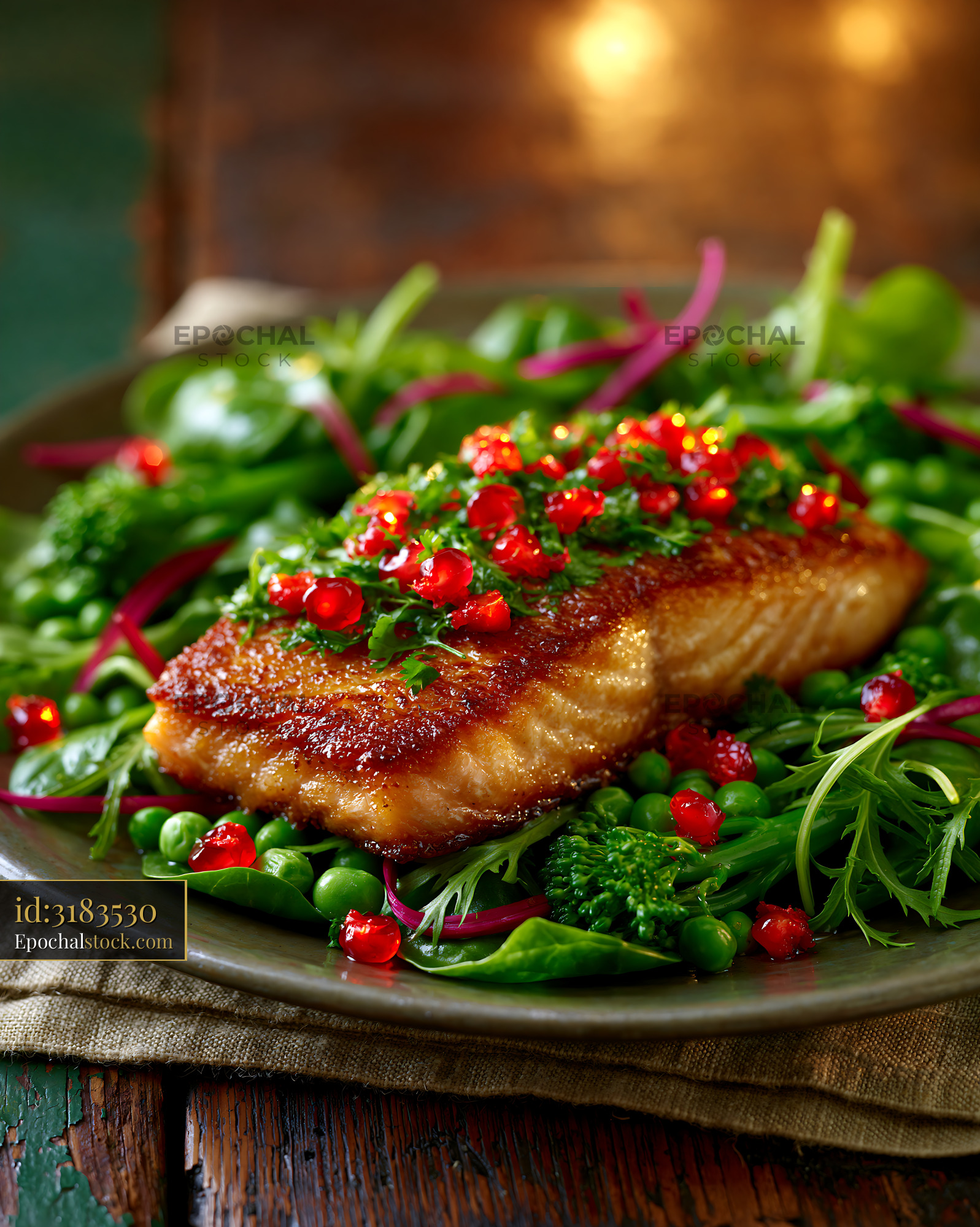 Watermarked full-resolution preview of Freshly cooked salmon fillet served on a bed of green vegetables