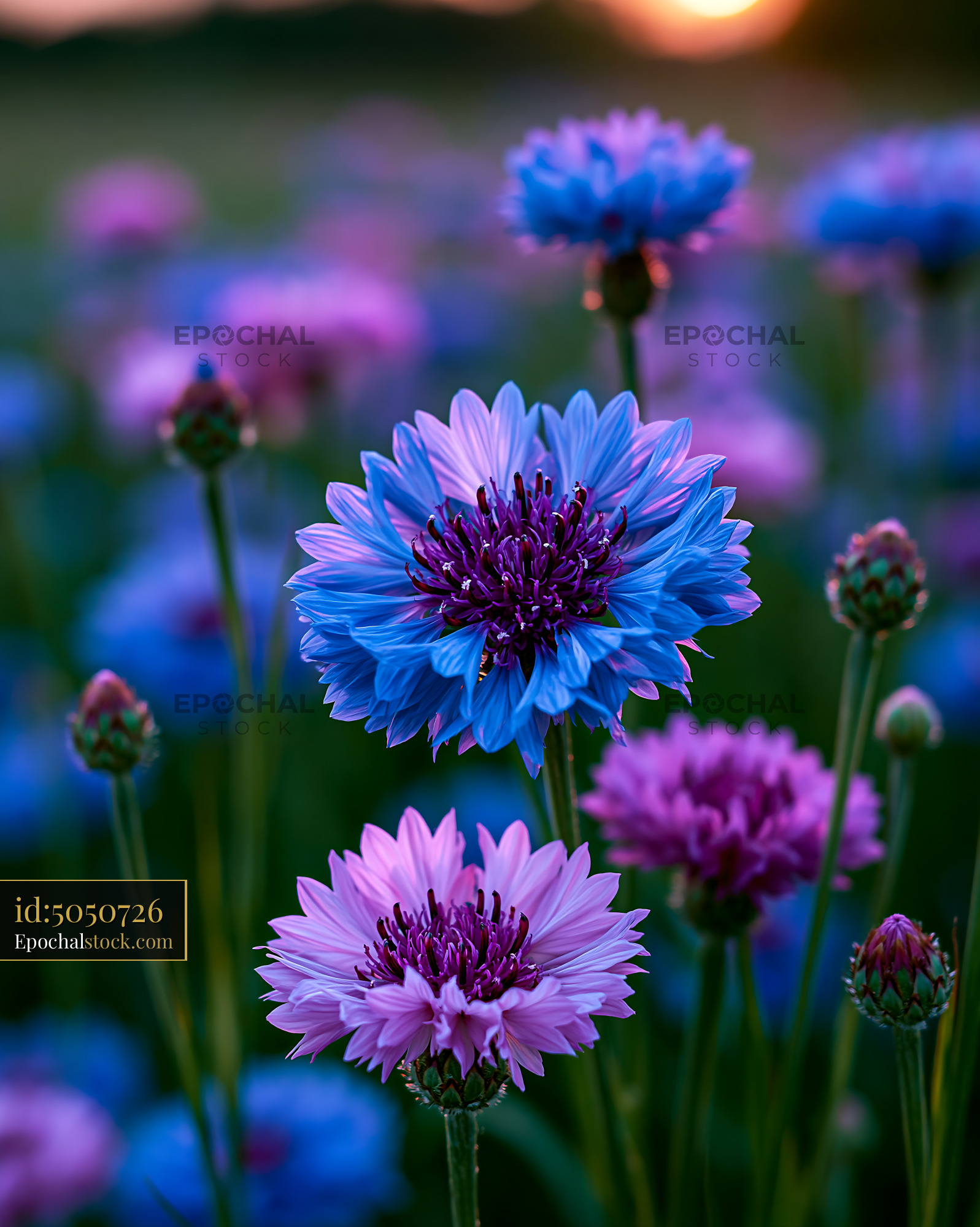 Watermarked full-resolution preview of Colorful flowers bloom in a field during sunset