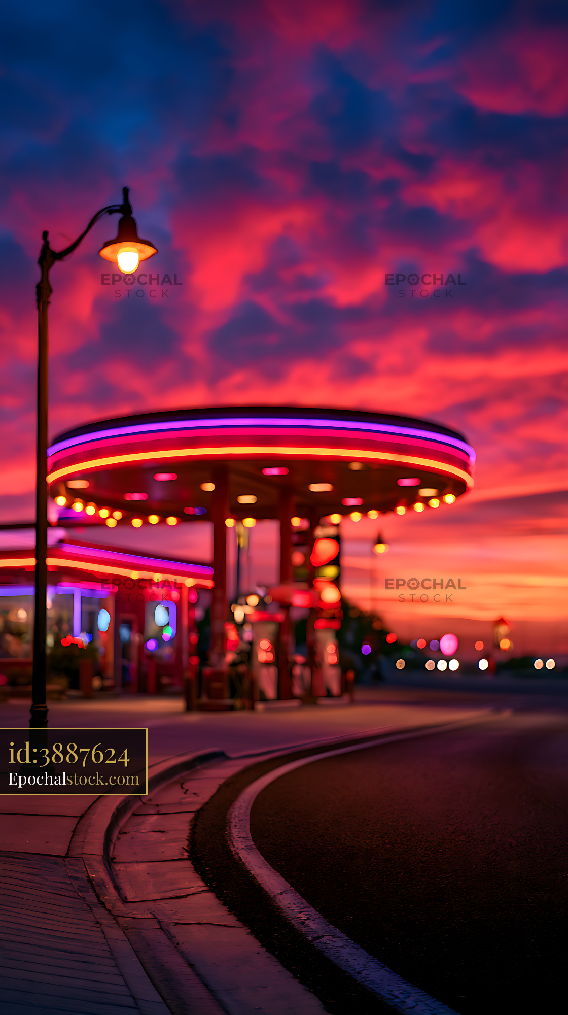 Watermarked full-resolution preview of Colorful neon diner at sunset with curved road