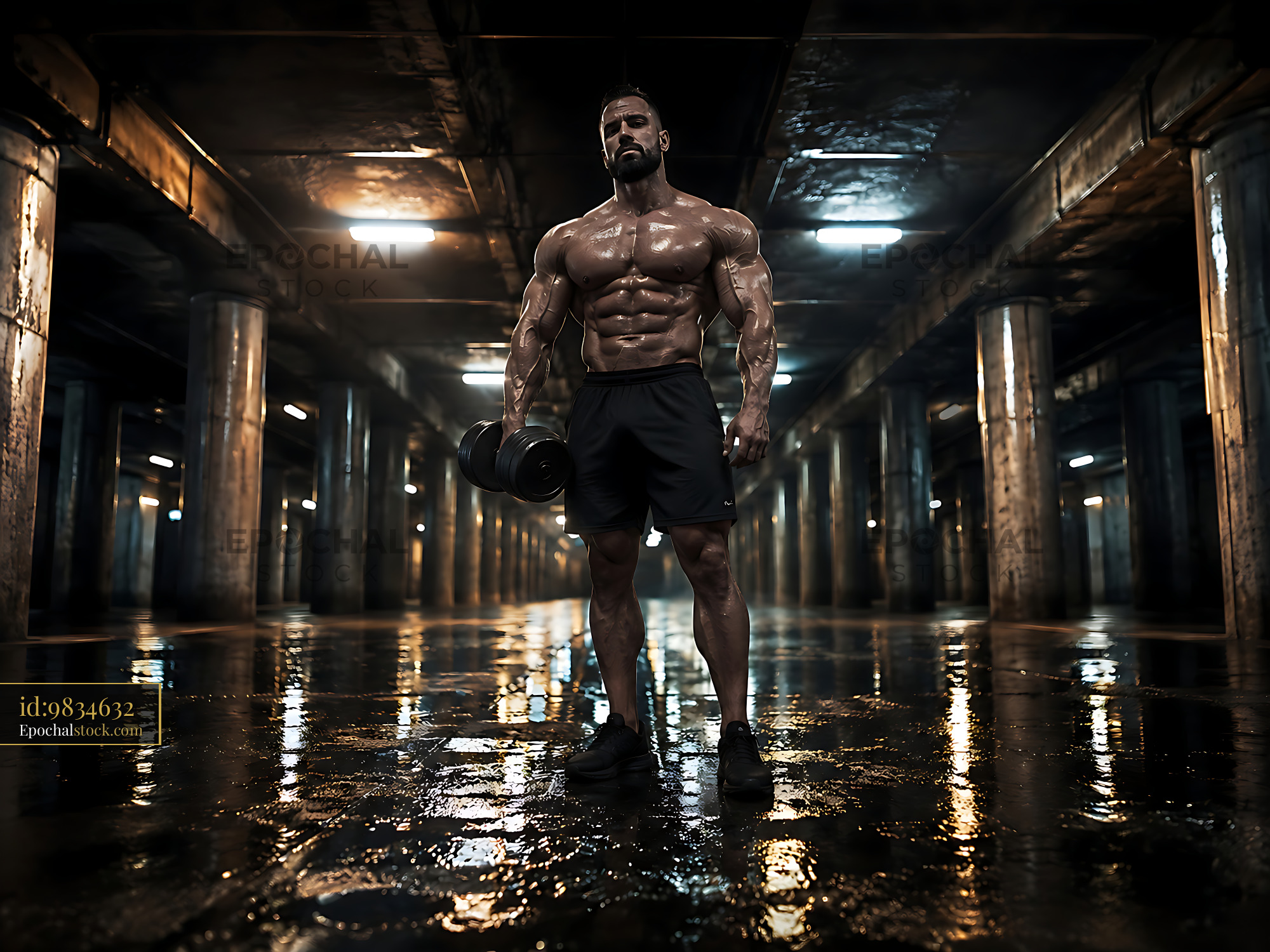 Watermarked full-resolution preview of Bodybuilder poses with dumbbell in dark gym setting