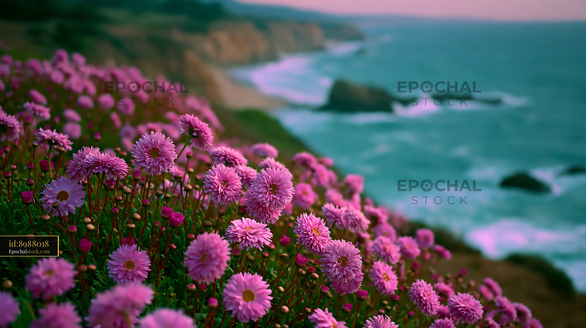 Watermarked full-resolution preview of Flowers blooming along a coastal cliff
