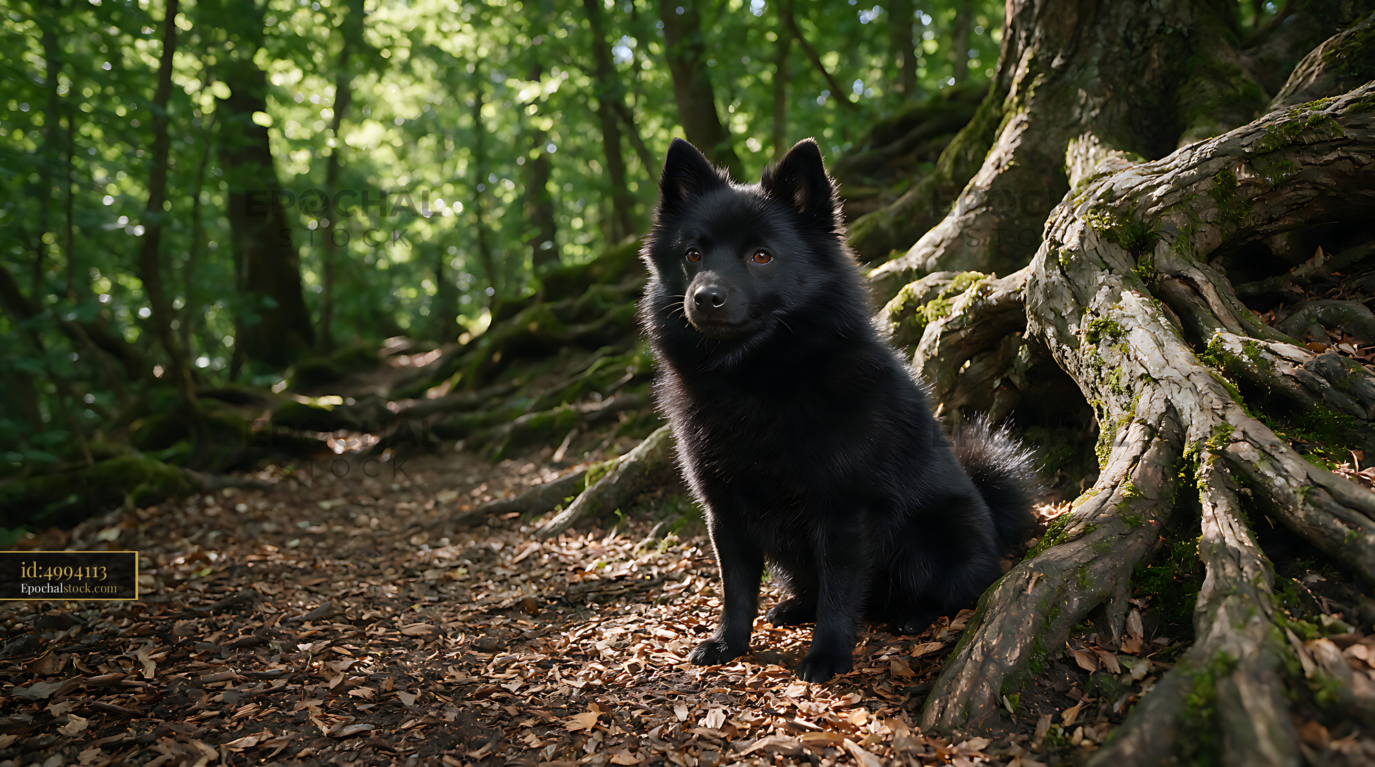 Watermarked full-resolution preview of Black dog resting on a leafy woodland path