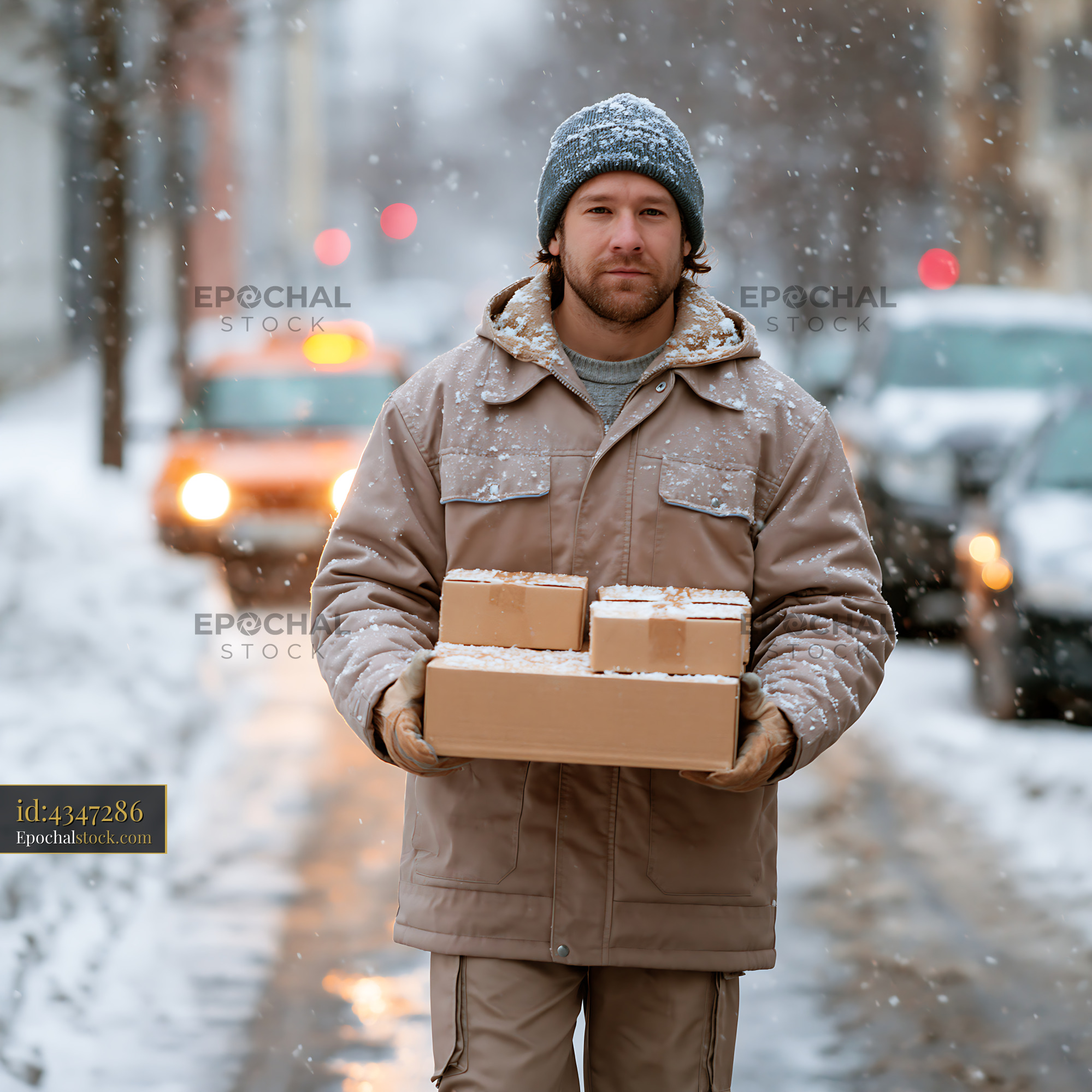 Watermarked full-resolution preview of Delivery person carries packages in snowy urban setting