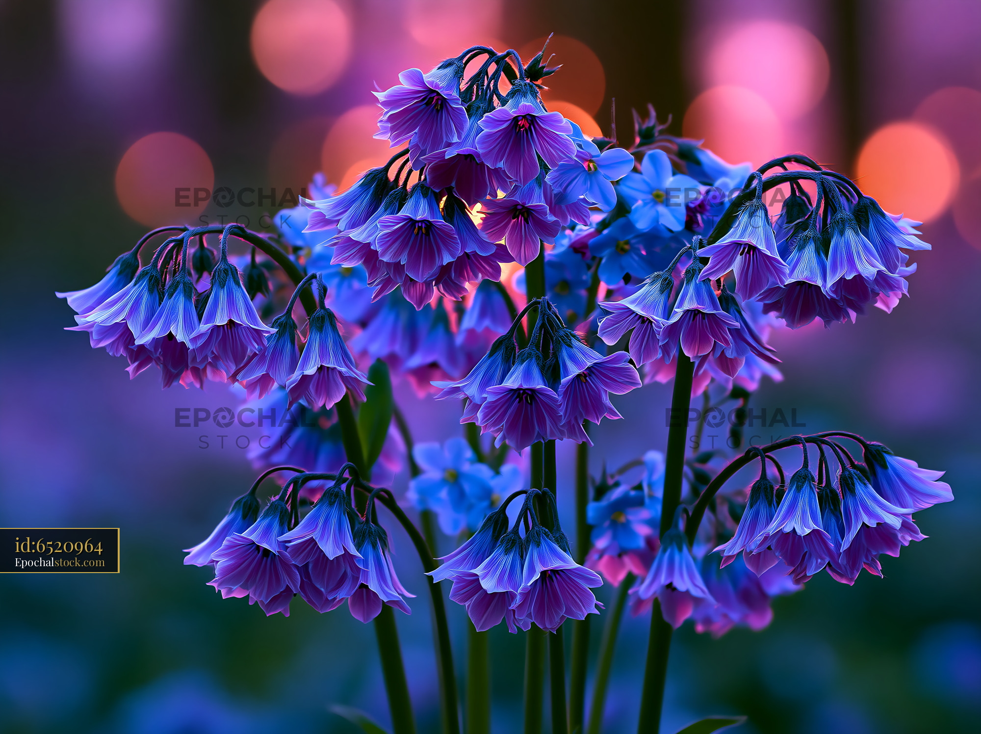Watermarked full-resolution preview of Vibrant purple flowers in a garden during sunset