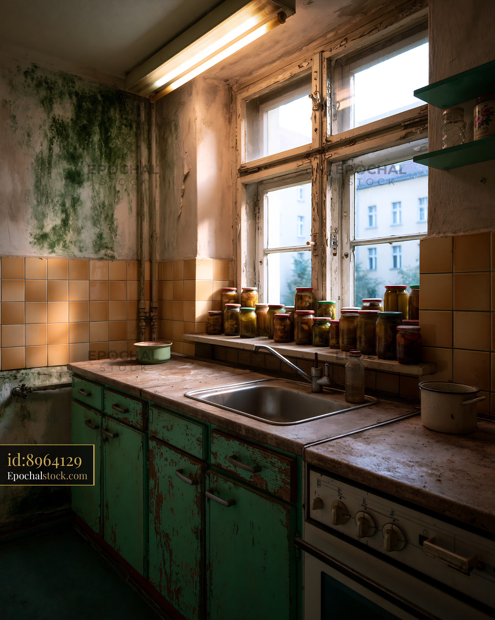 Watermarked full-resolution preview of Old kitchen with jars and peeling paint during sunset