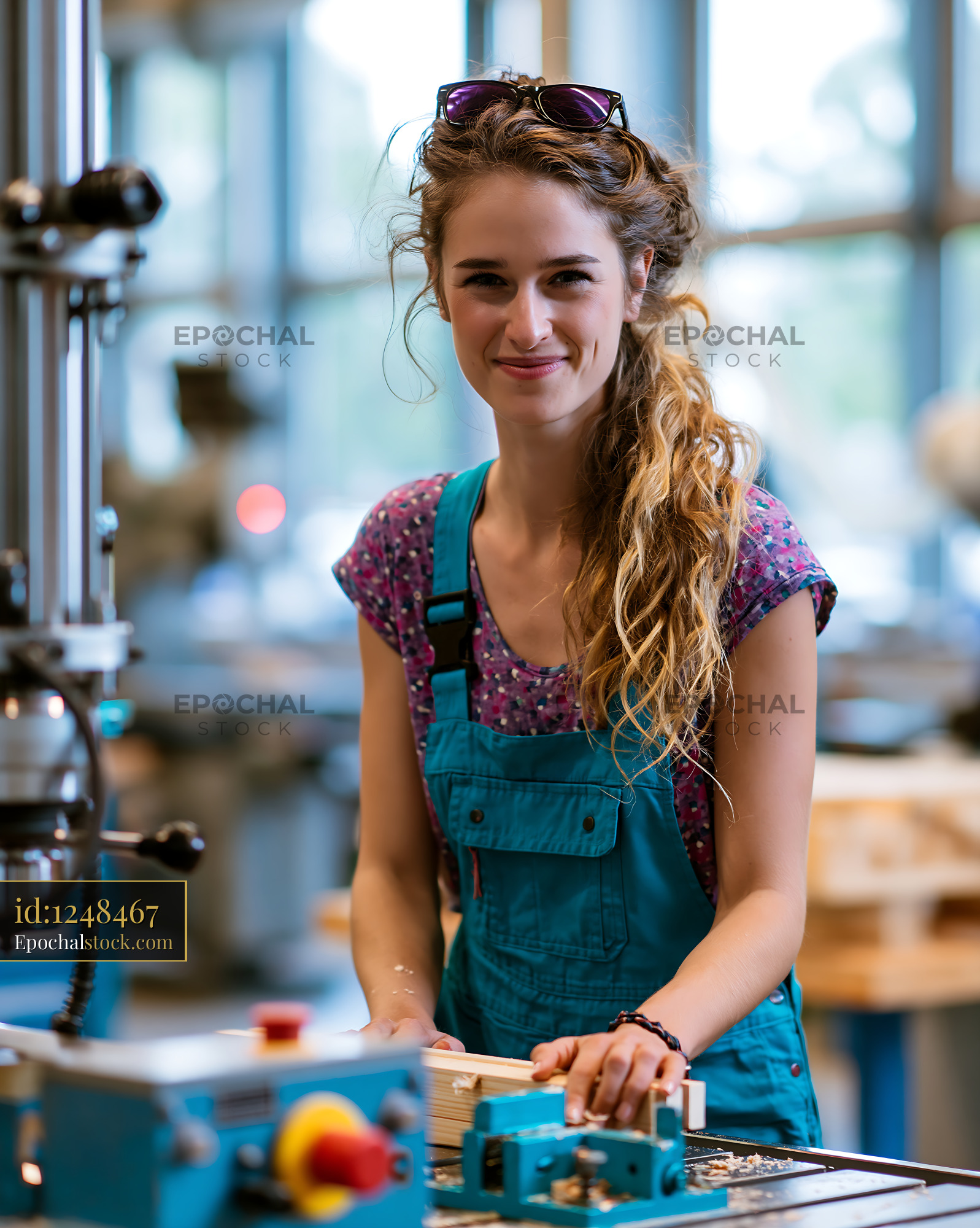 Watermarked full-resolution preview of Craftsperson working in a woodshop with tools and machinery