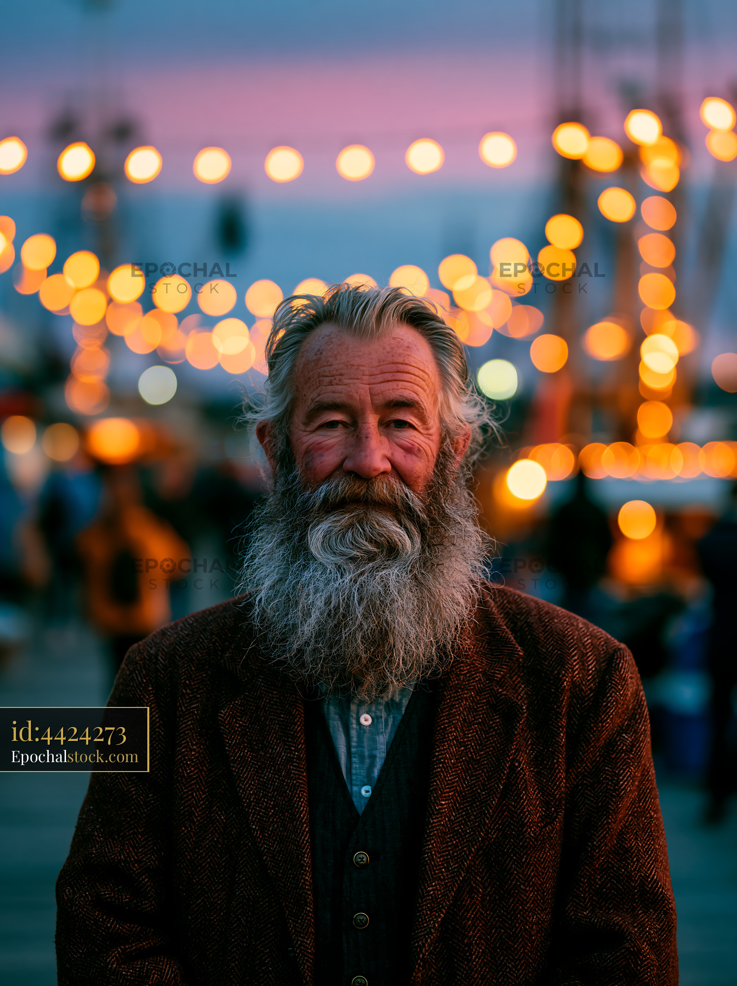 Watermarked full-resolution preview of Older man with a beard stands in front of lights at an outdoor event