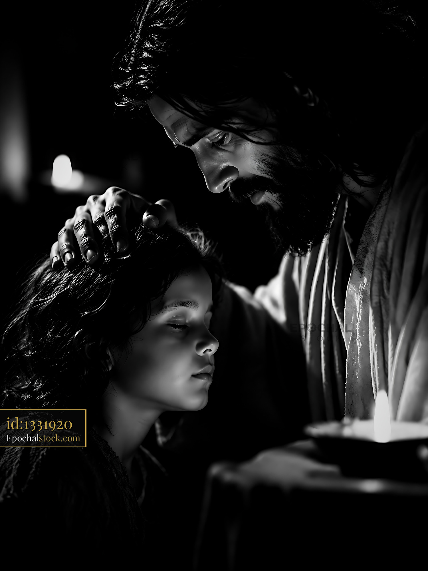 Watermarked full-resolution preview of Father and son share a moment of connection in candlelight