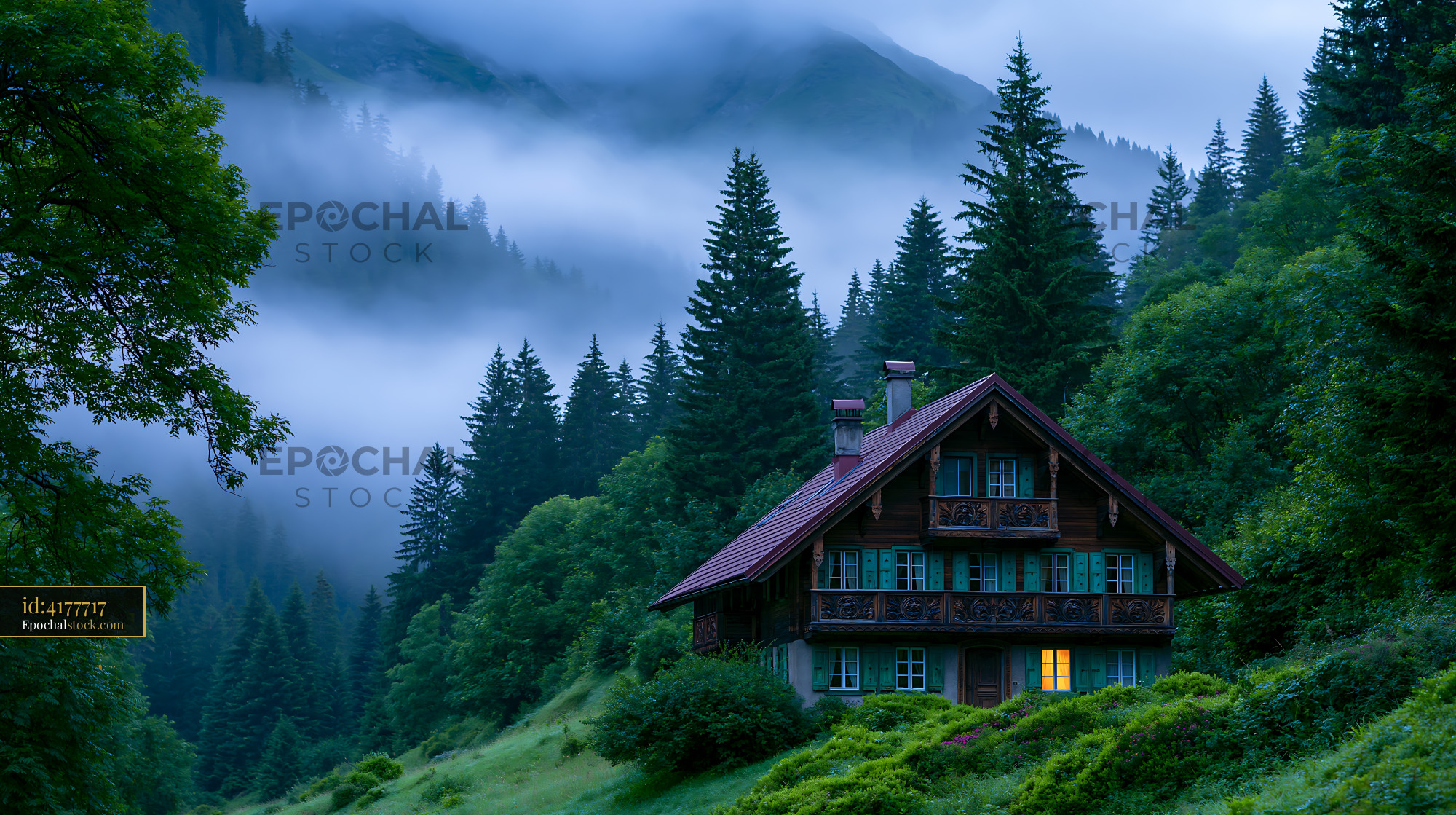Watermarked full-resolution preview of Scenic house in the forest during misty evening light