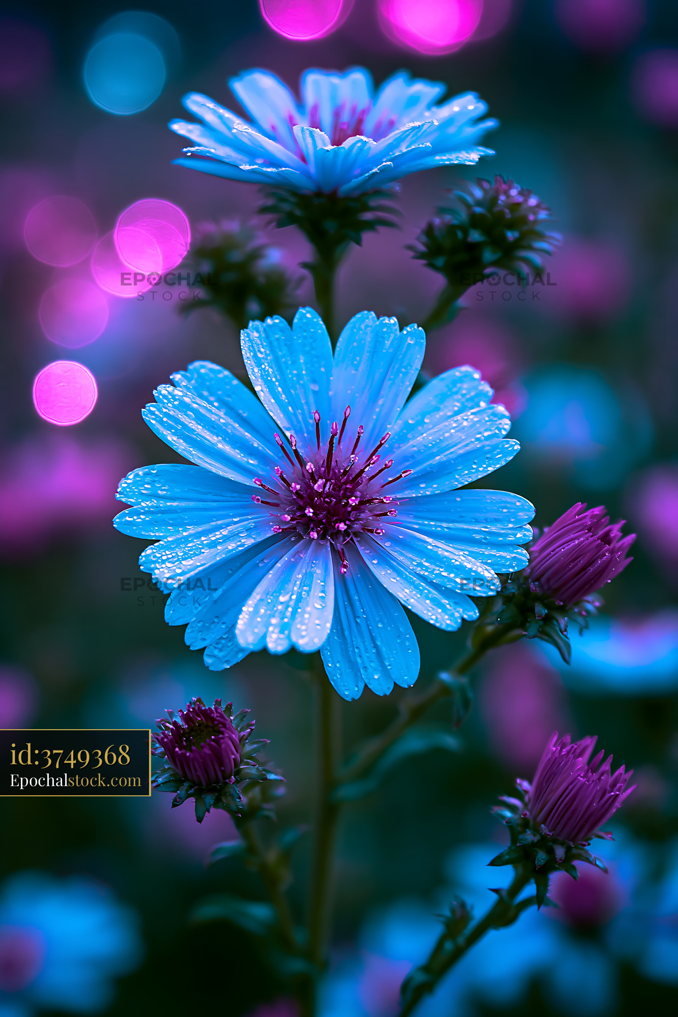Watermarked full-resolution preview of Bright blue flower with purple buds and bokeh background
