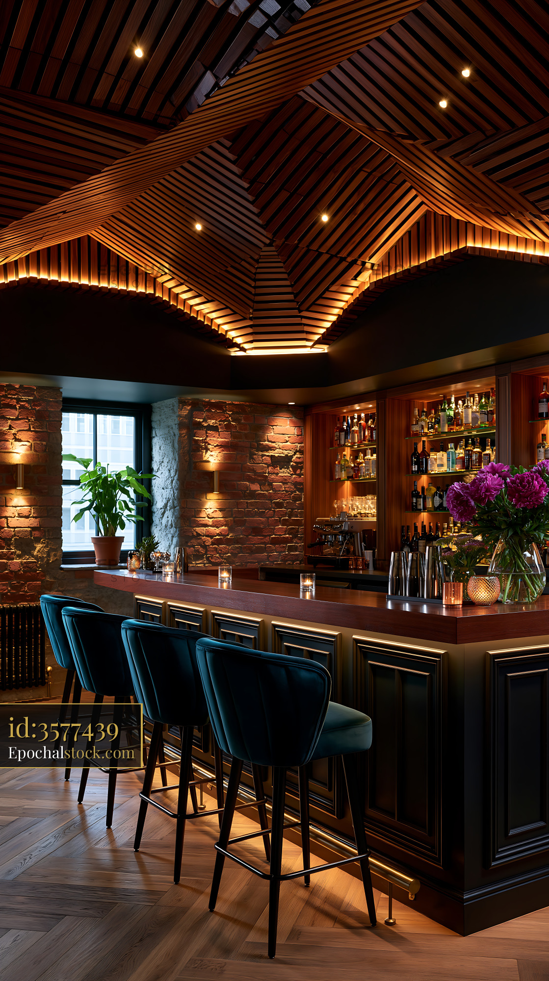 Watermarked full-resolution preview of Stylish bar interior with wooden ceiling and bright lighting