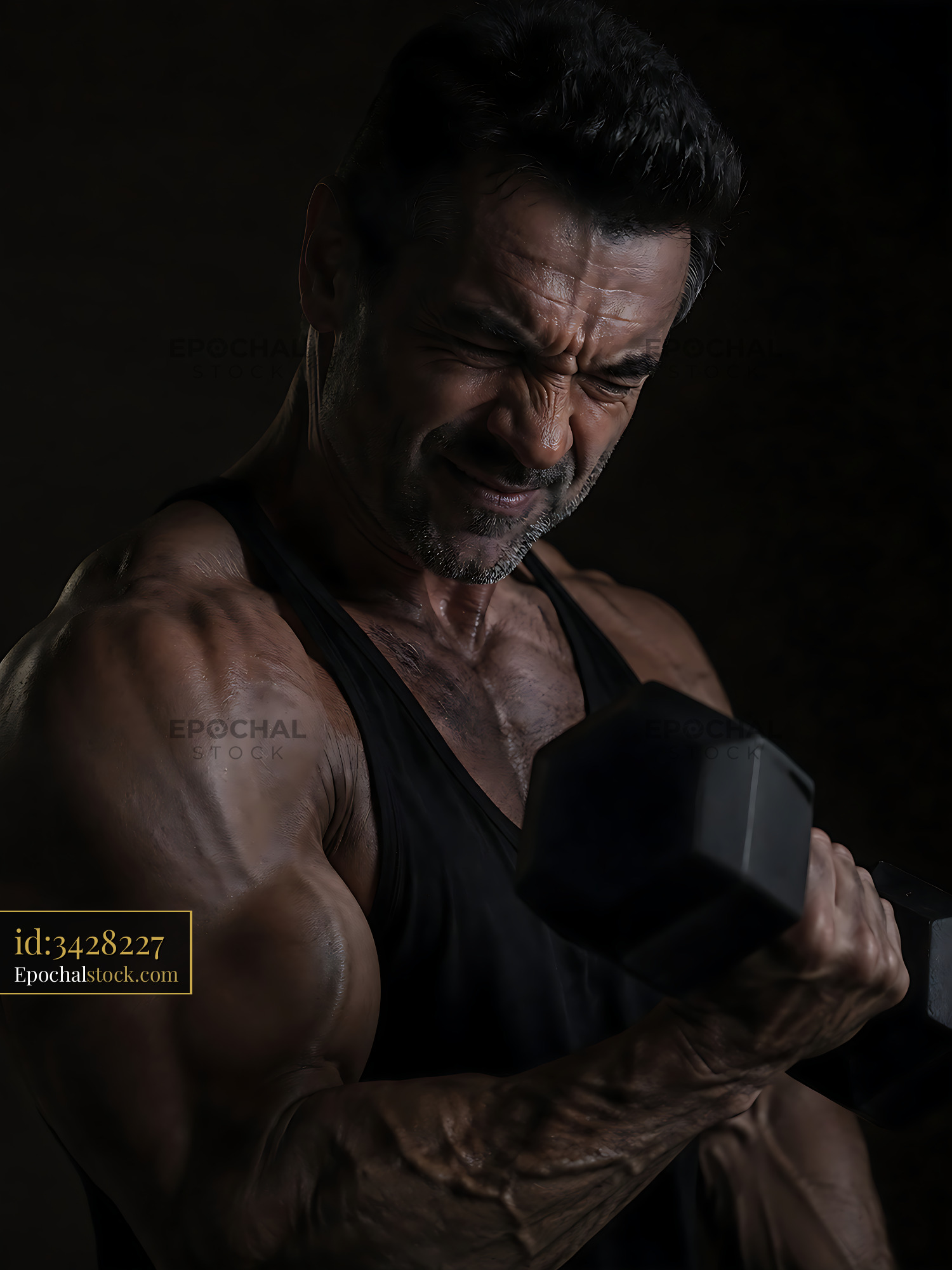 Man Lifting Dumbbell in Dark Room Showing Effort and Strength — stock example for Seedream 4.5 solution examples