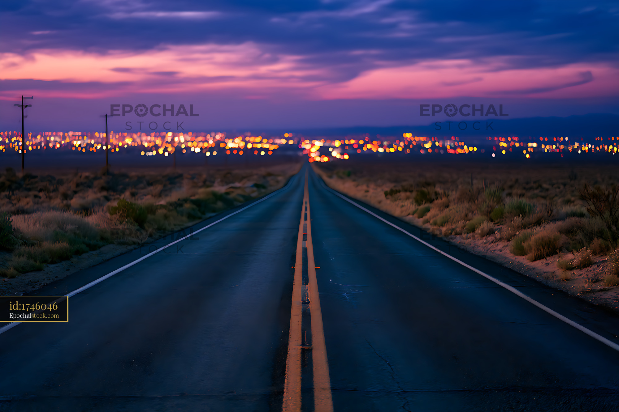 Watermarked full-resolution preview of Wet desert road and glowing city lights at dusk