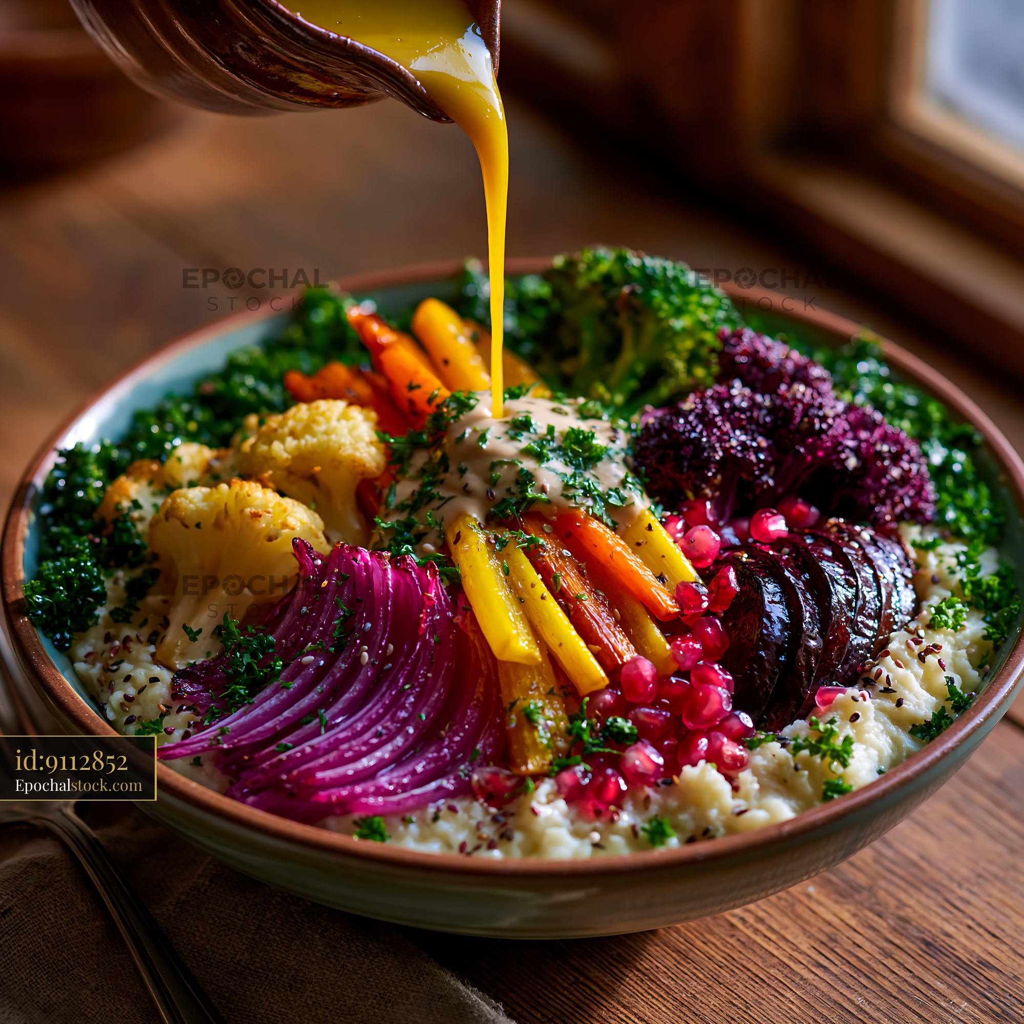 Watermarked full-resolution preview of Colorful vegetable bowl with dressing on a wooden table