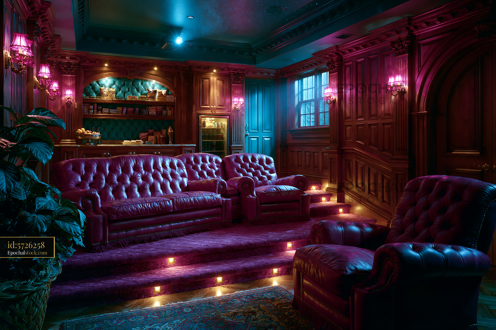 Watermarked full-resolution preview of Luxurious home theater with plush seating and dim lighting