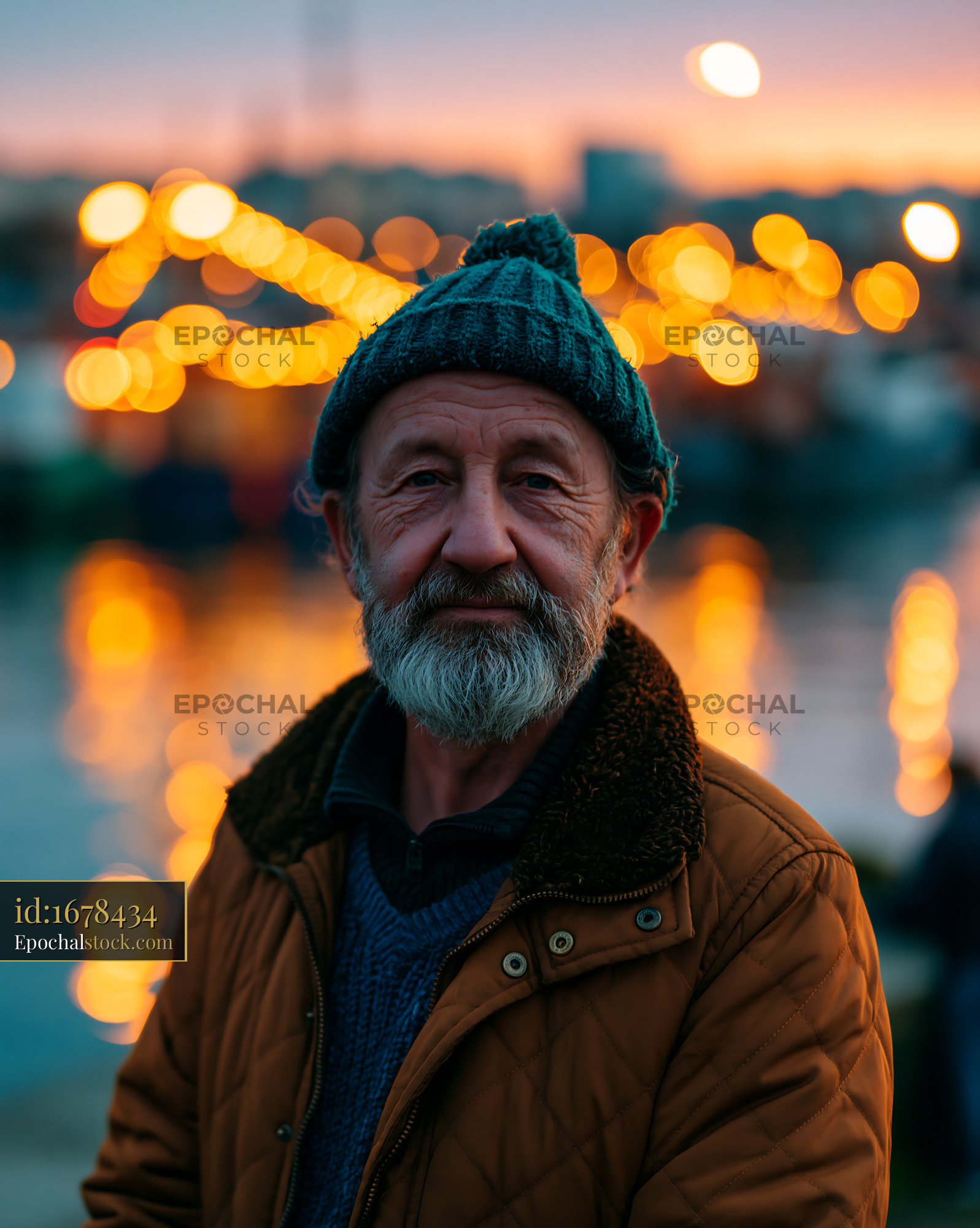 Watermarked full-resolution preview of Elderly man standing by water at sunset with festive lights