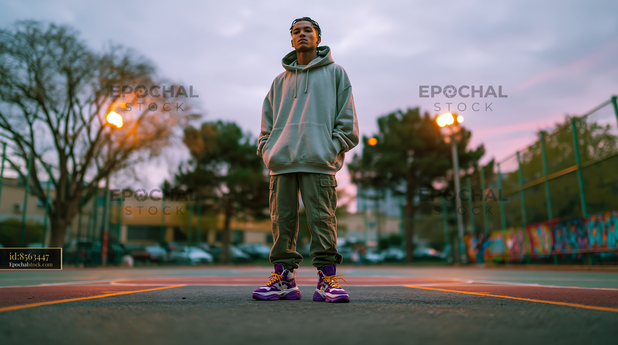 Watermarked full-resolution preview of Person standing in a basketball court wearing a hoodie and sneakers