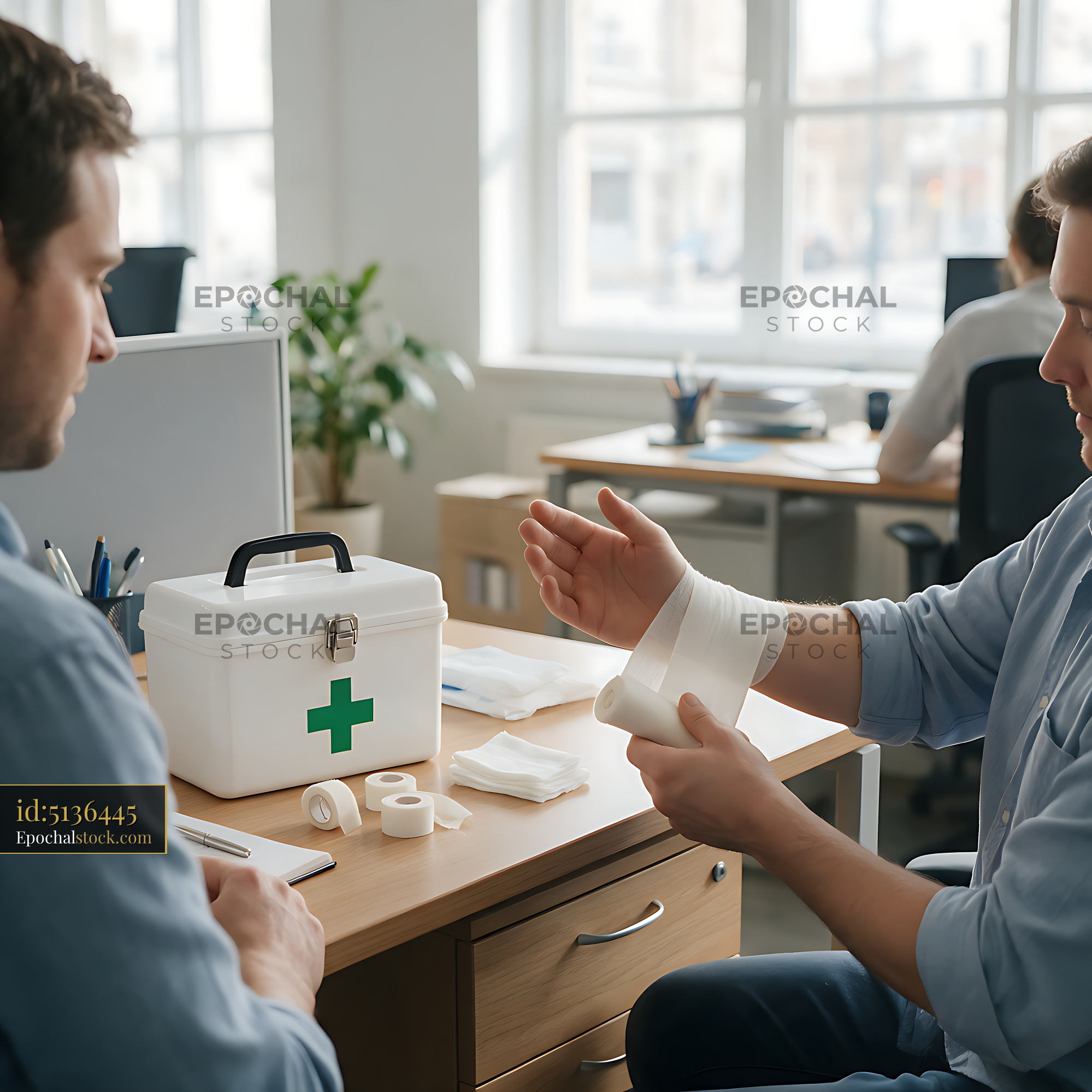Watermarked full-resolution preview of Coworker bandaging an injured wrist at an office desk