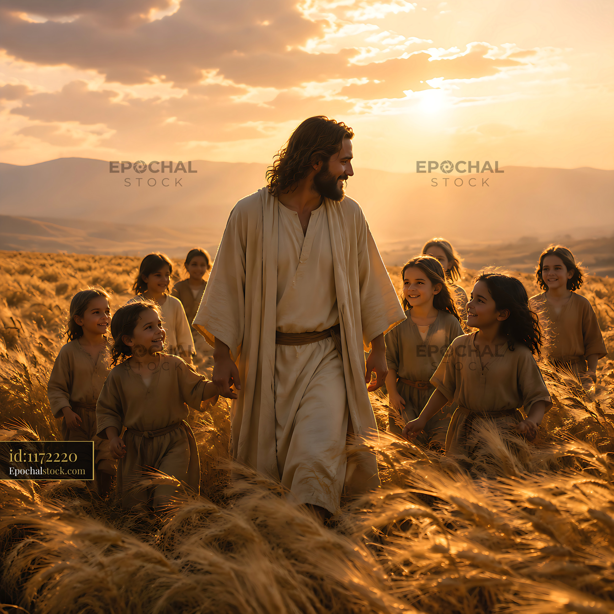 Watermarked full-resolution preview of Walking through the golden fields with children at sunset