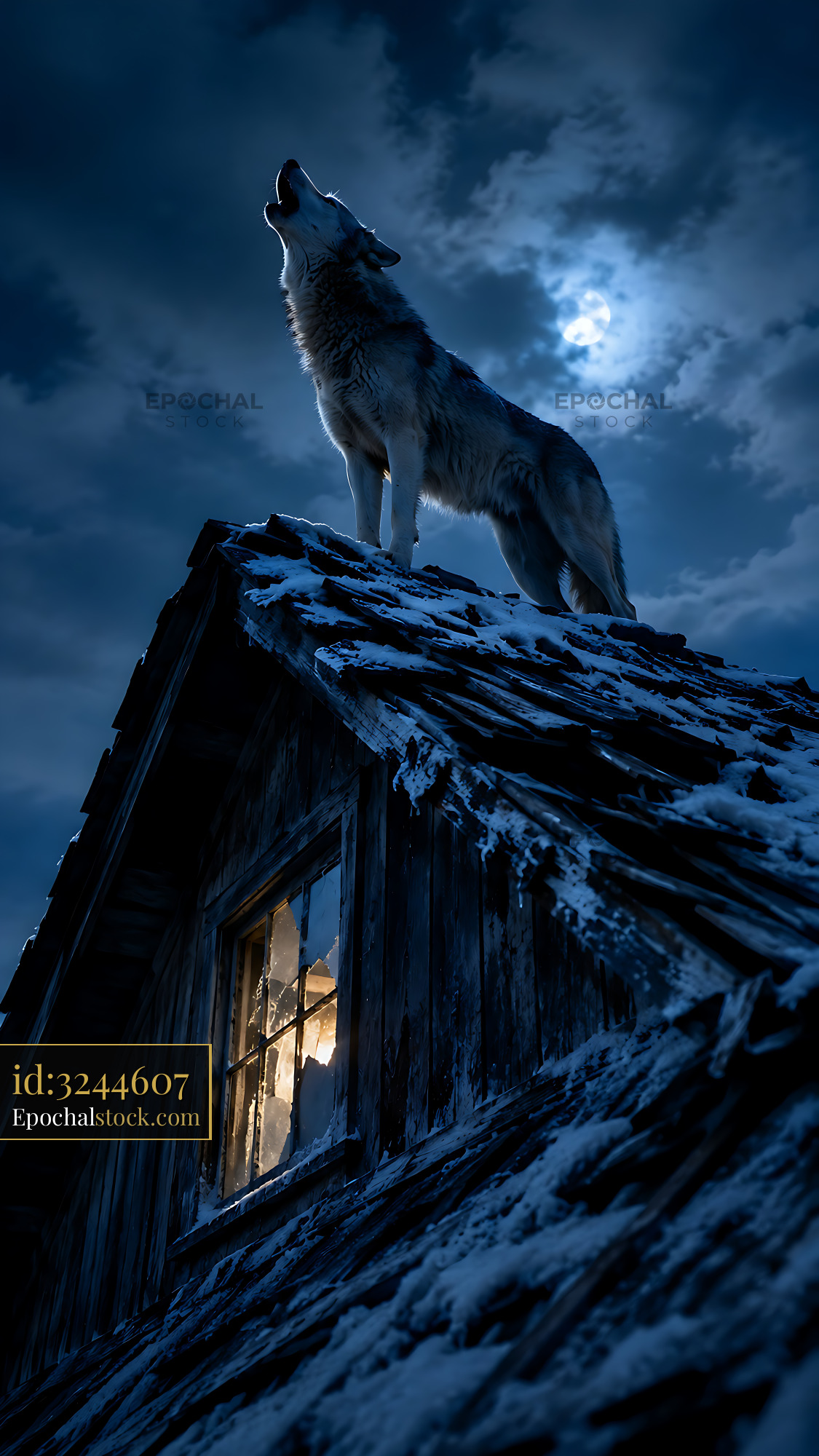 Wolf Howls on a Snowy Rooftop Under a Full Moon Light - stock photo