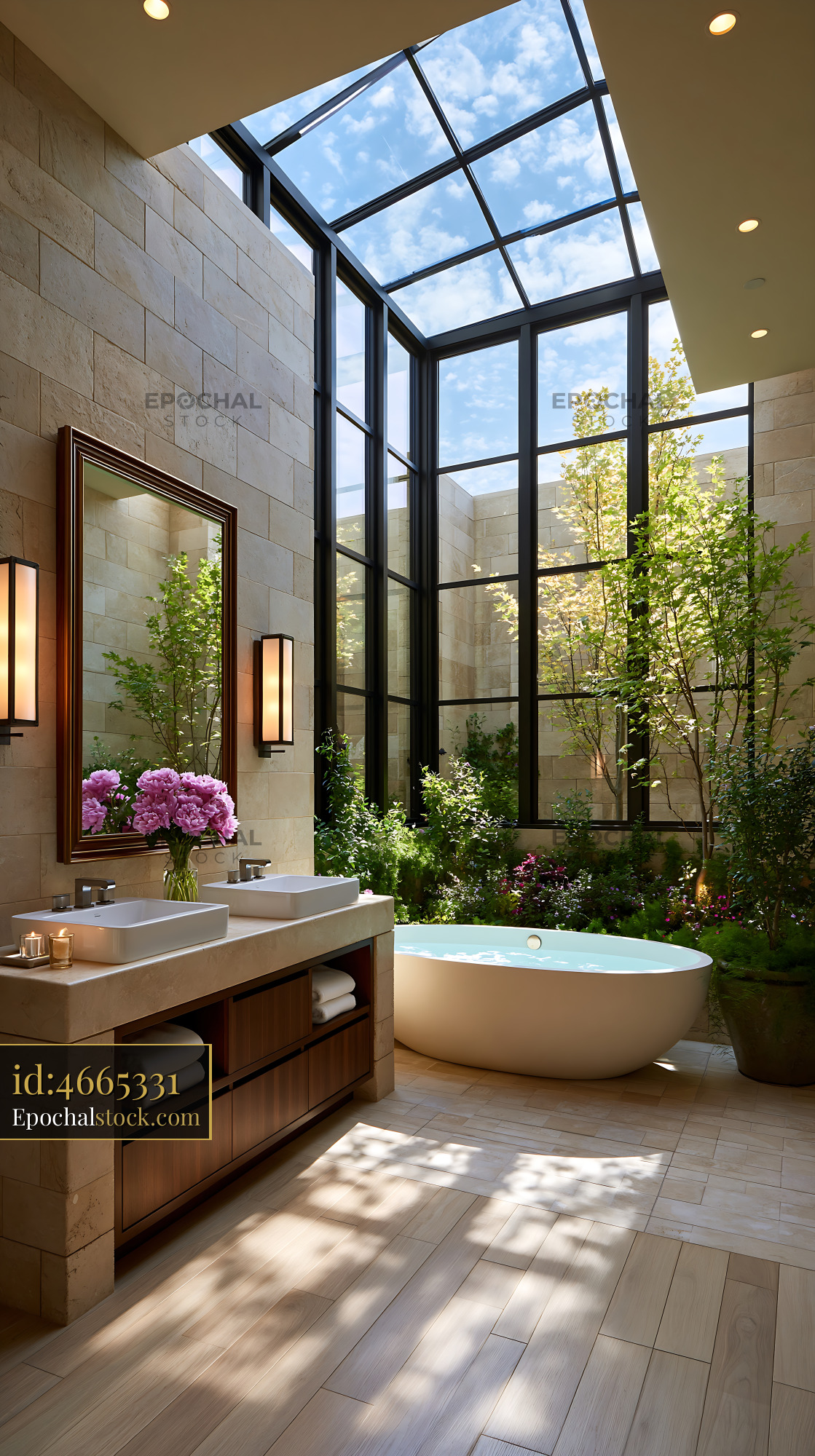 Watermarked full-resolution preview of Modern bathroom design with large windows and plants
