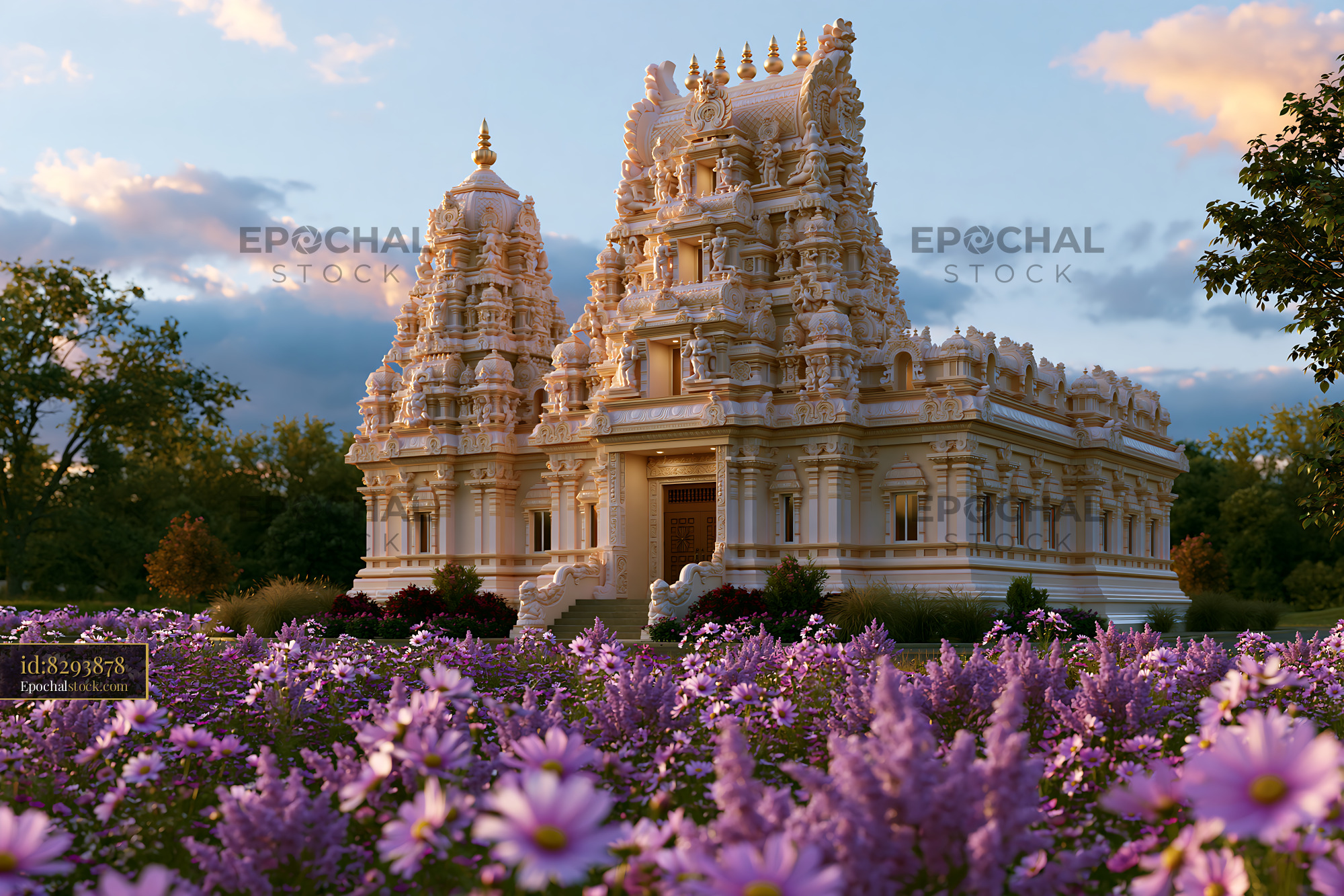Watermarked full-resolution preview of Beautiful temple surrounded by purple flowers at sunset