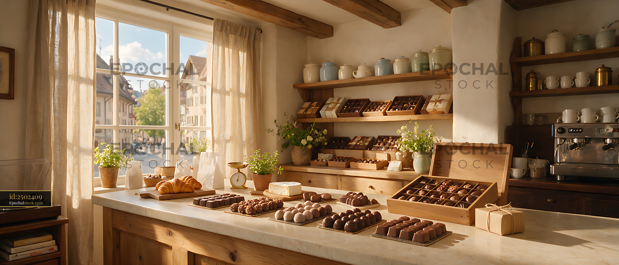 Watermarked full-resolution preview of Warm rustic interior of a Swiss chocolate shop