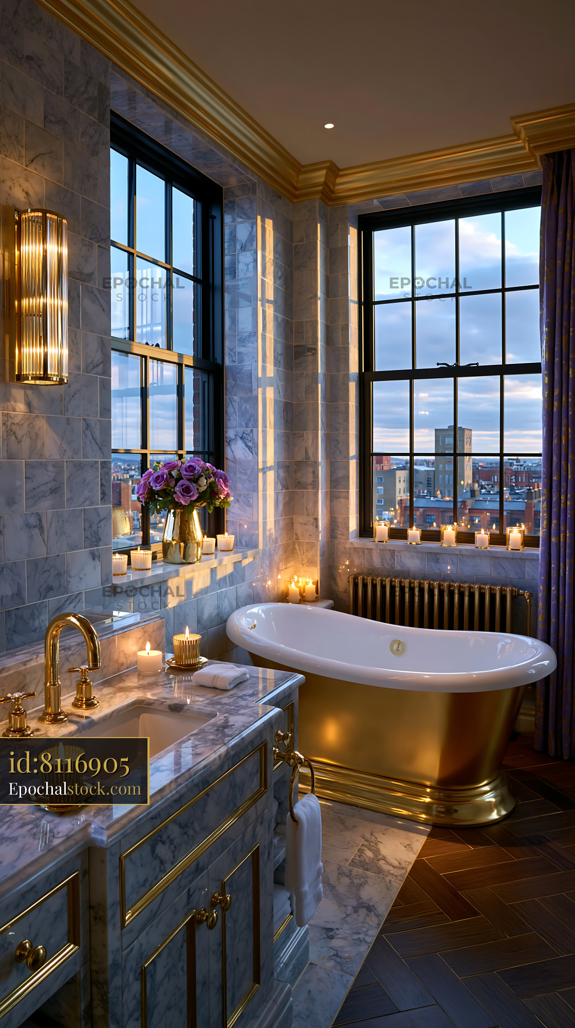 Watermarked full-resolution preview of Elegant bathroom with modern features and city view