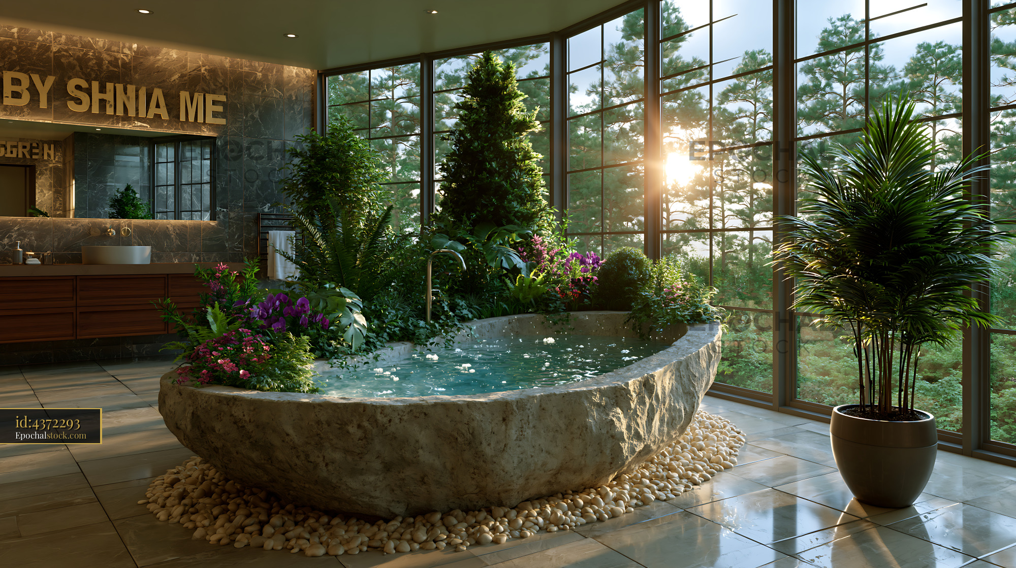 Watermarked full-resolution preview of Indoor spa area with stone bathtub and large windows