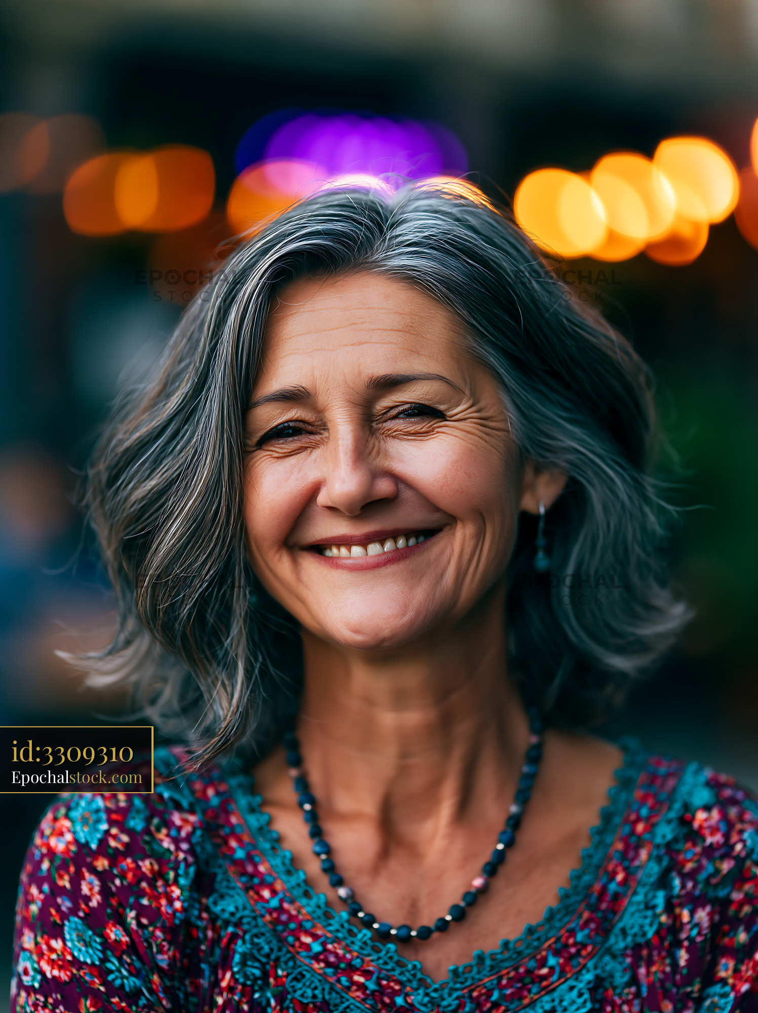 Woman With Gray Hair Smiles Warmly at the Camera in a Cozy Setting - stock photo
