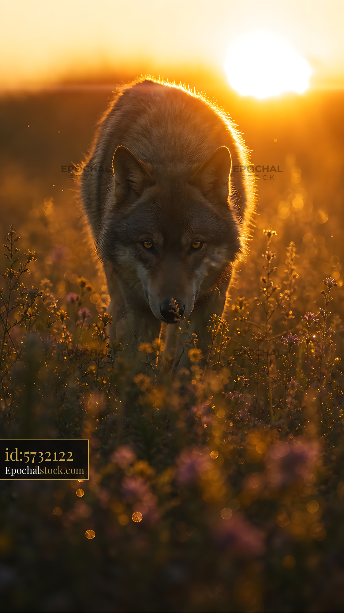 Watermarked full-resolution preview of Wolf walking through wildflowers at sunset