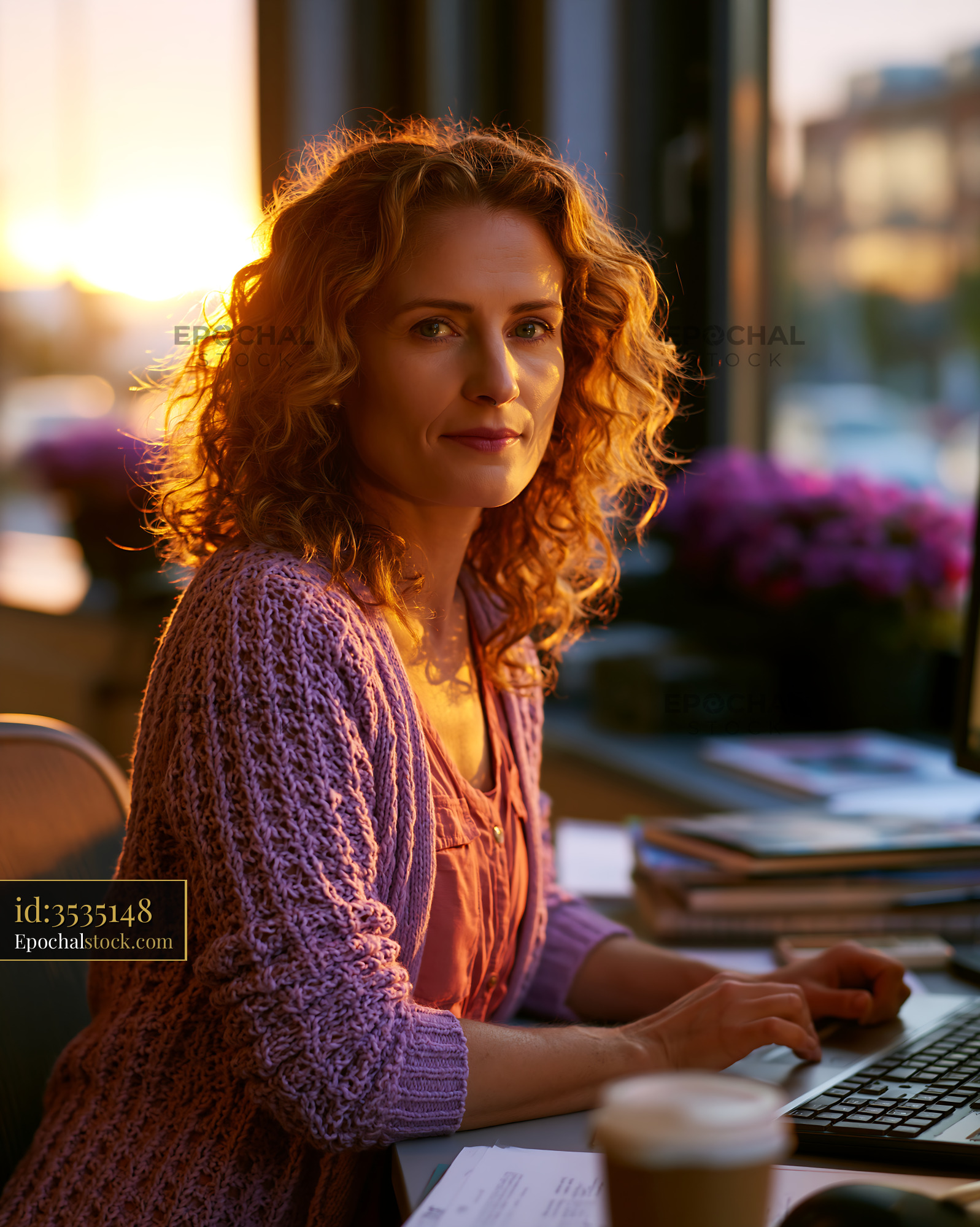 Watermarked full-resolution preview of Woman working at a desk during sunset in an office