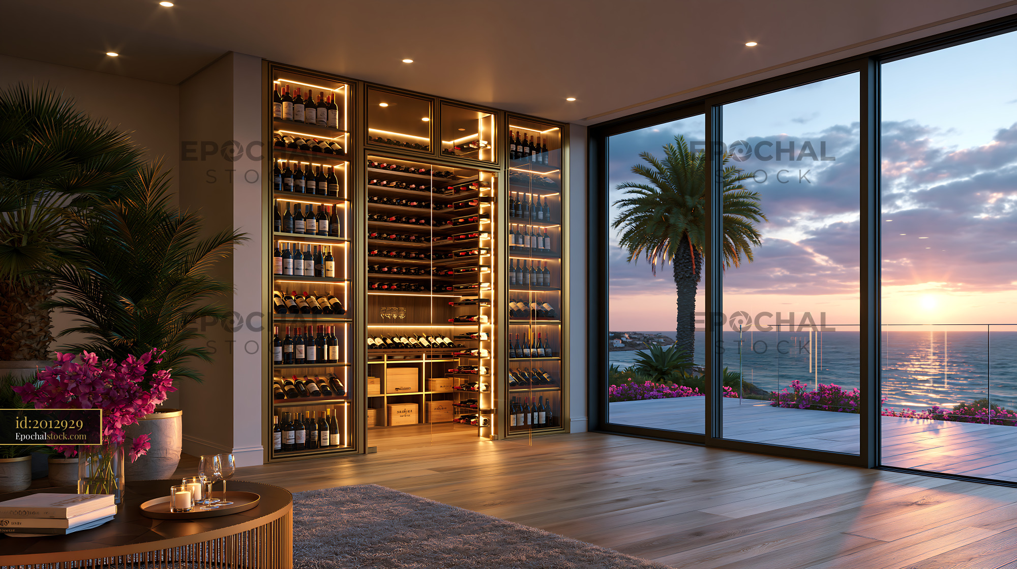Watermarked full-resolution preview of Wine storage room with sunset view over ocean