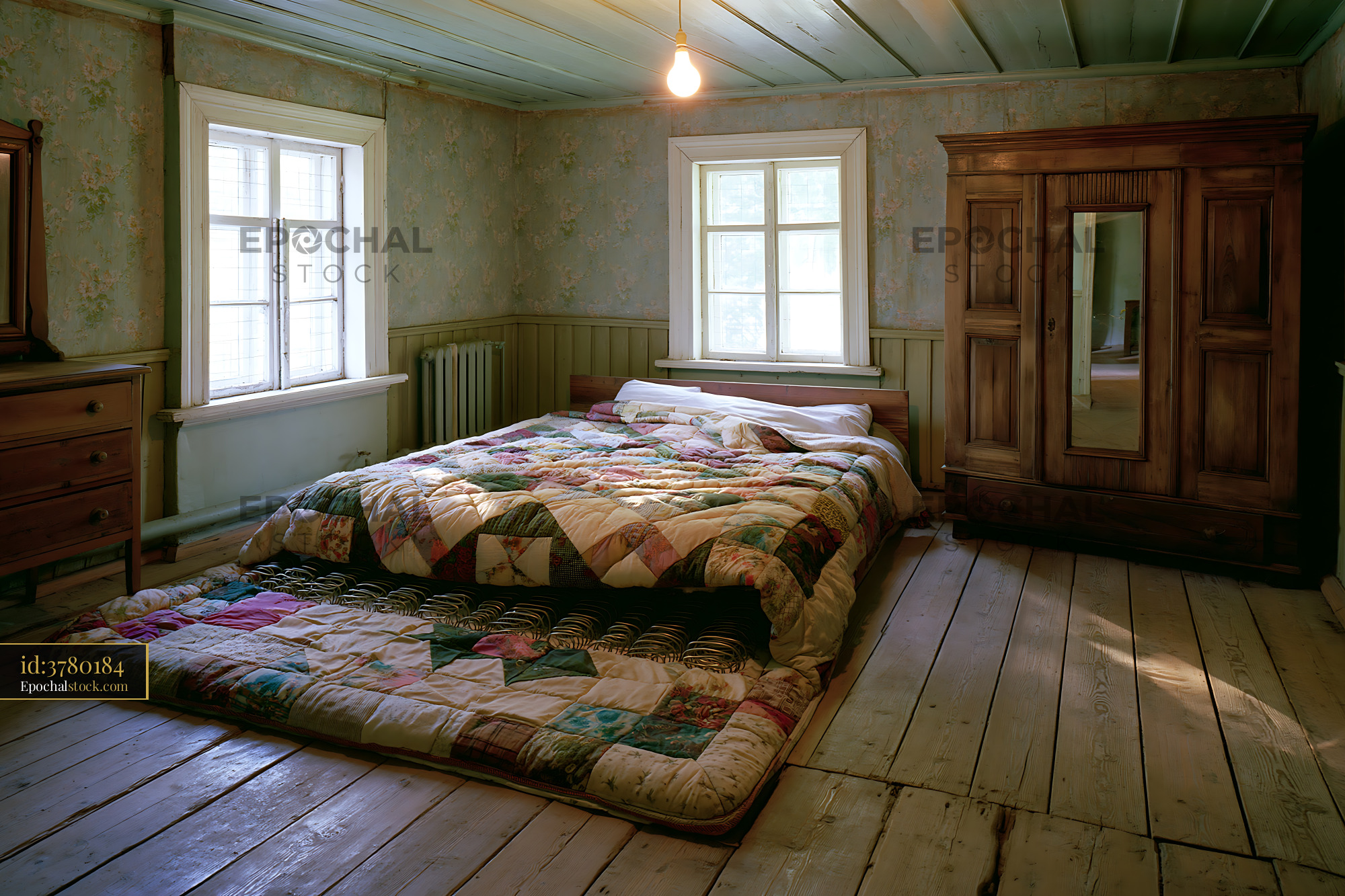 Watermarked full-resolution preview of Cozy bedroom with wooden furniture and quilted bedding