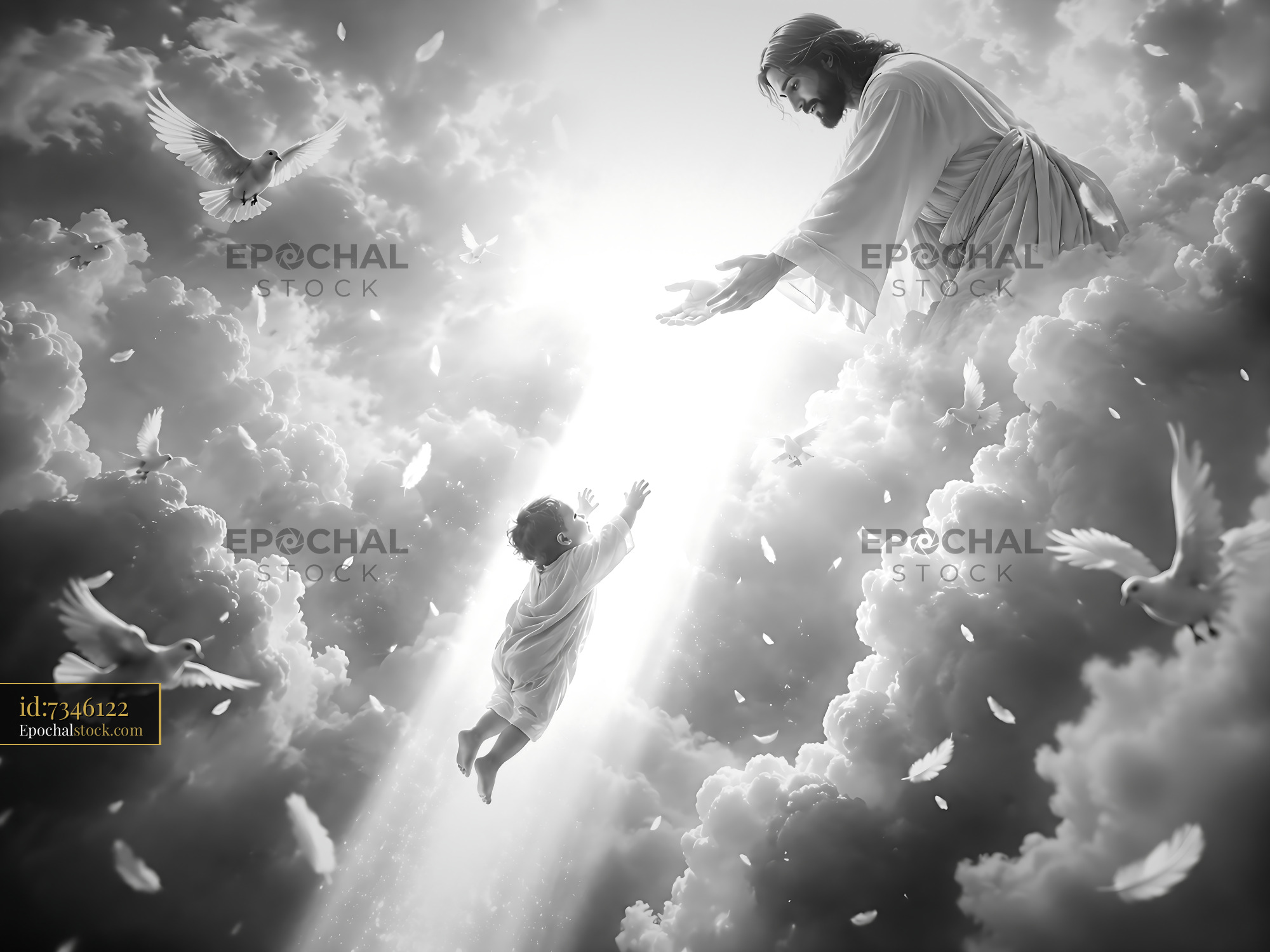 Watermarked full-resolution preview of Reaching out in a heavenly scene with doves and clouds