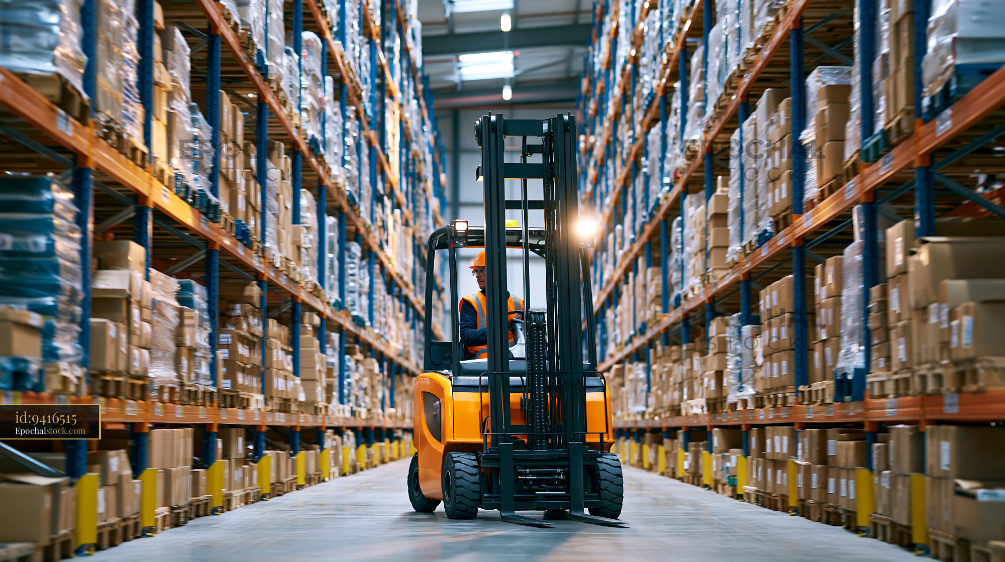 Watermarked full-resolution preview of Forklift moving through a warehouse with shelves of boxes
