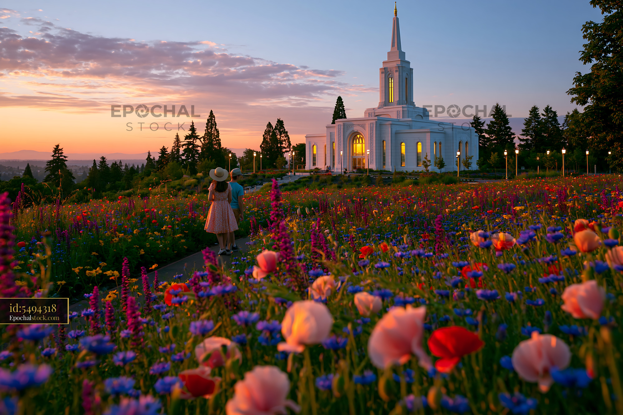 Watermarked full-resolution preview of Visitors walk through a field of flowers near a temple at sunset