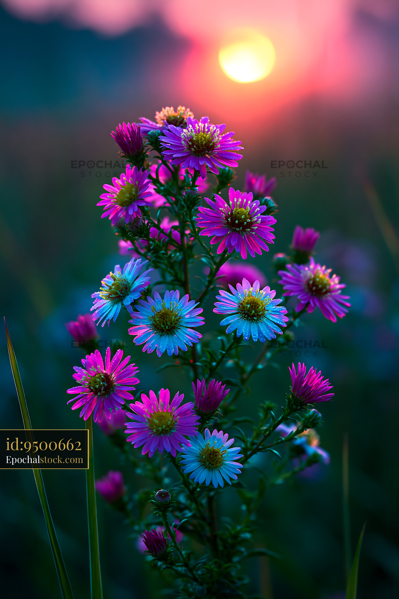 Watermarked full-resolution preview of Colorful flowers blooming at sunset in a field