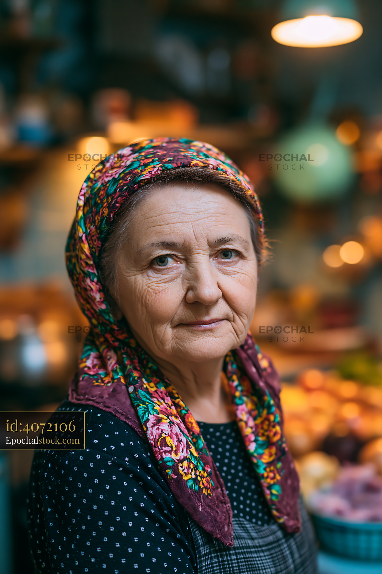 Watermarked full-resolution preview of Elderly woman with scarf in kitchen preparing food