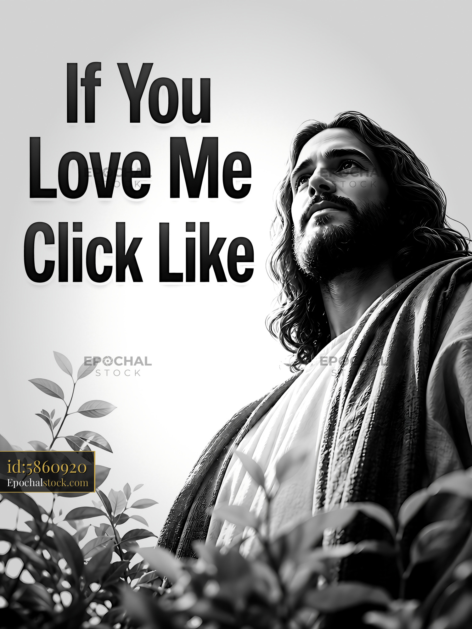 Watermarked full-resolution preview of Jesus figure with text encouraging social media interaction