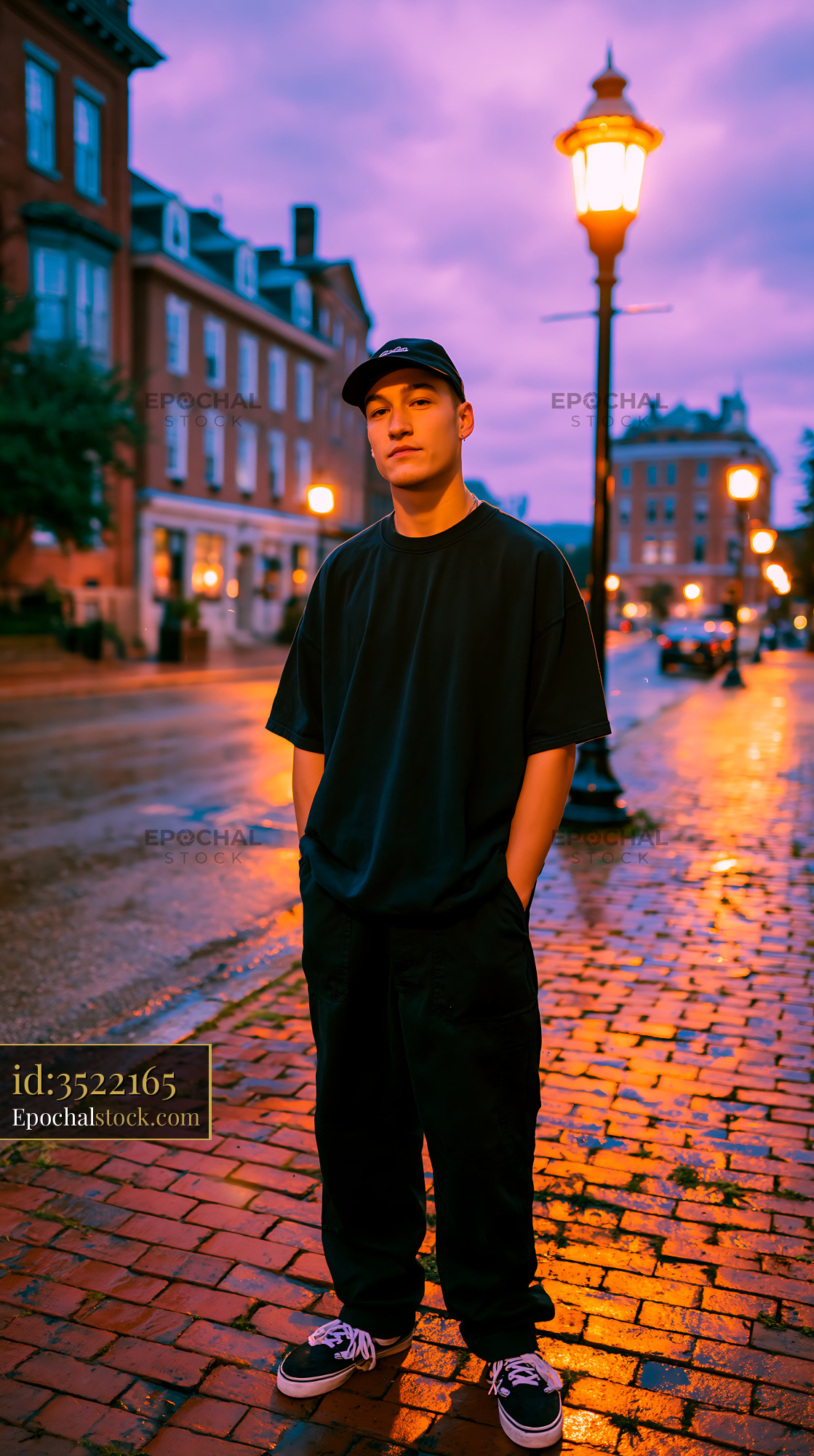 Watermarked full-resolution preview of Young man standing on a wet cobblestone street at dusk