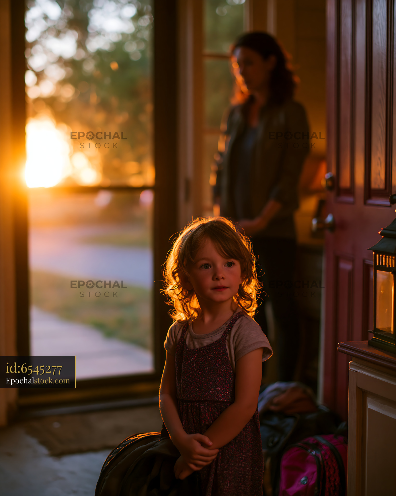 Watermarked full-resolution preview of Evening light shines through a doorway with a girl and an adult