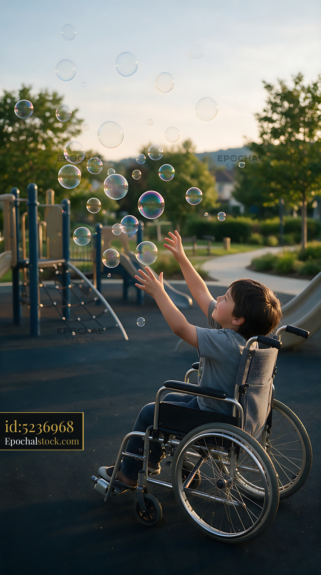 Watermarked full-resolution preview of Child in wheelchair enjoying bubbles at an inclusive playground
