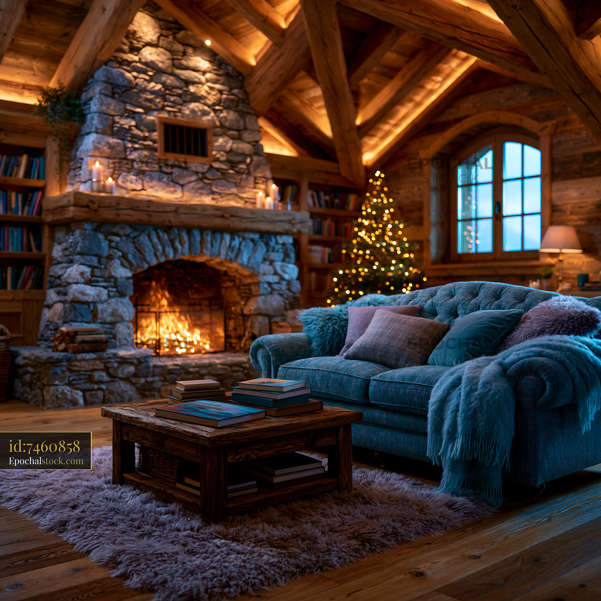 Watermarked full-resolution preview of Cozy living room with fireplace and Christmas tree in cabin